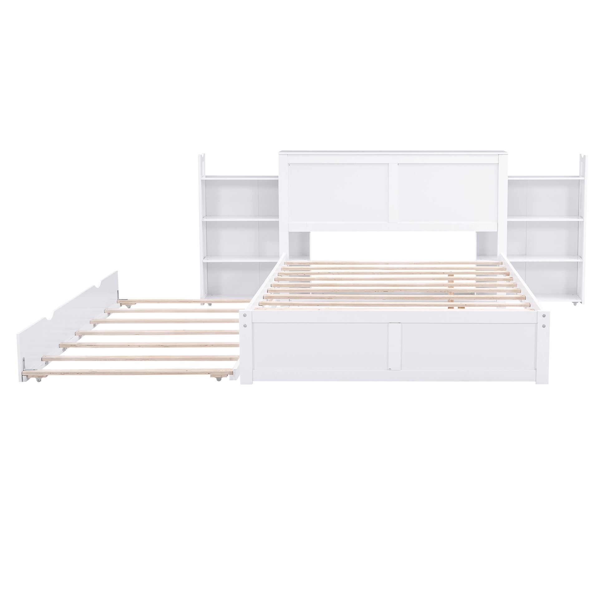 White twin bed frame with two builtin bookshelves and a pullout trundle