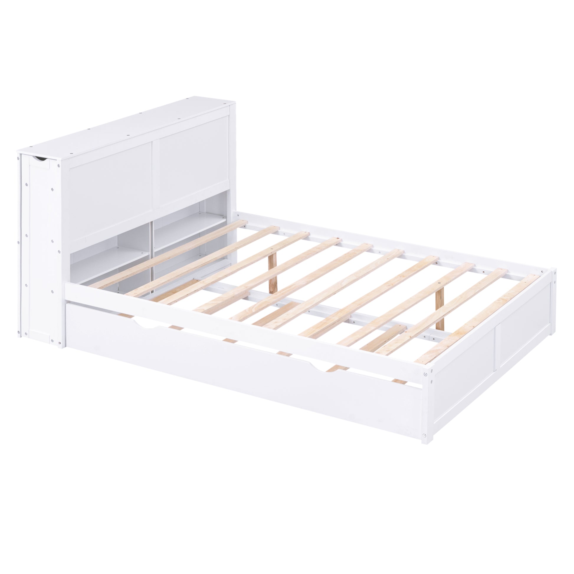 White twin bed frame with builtin bookshelf headboard and storage drawers
