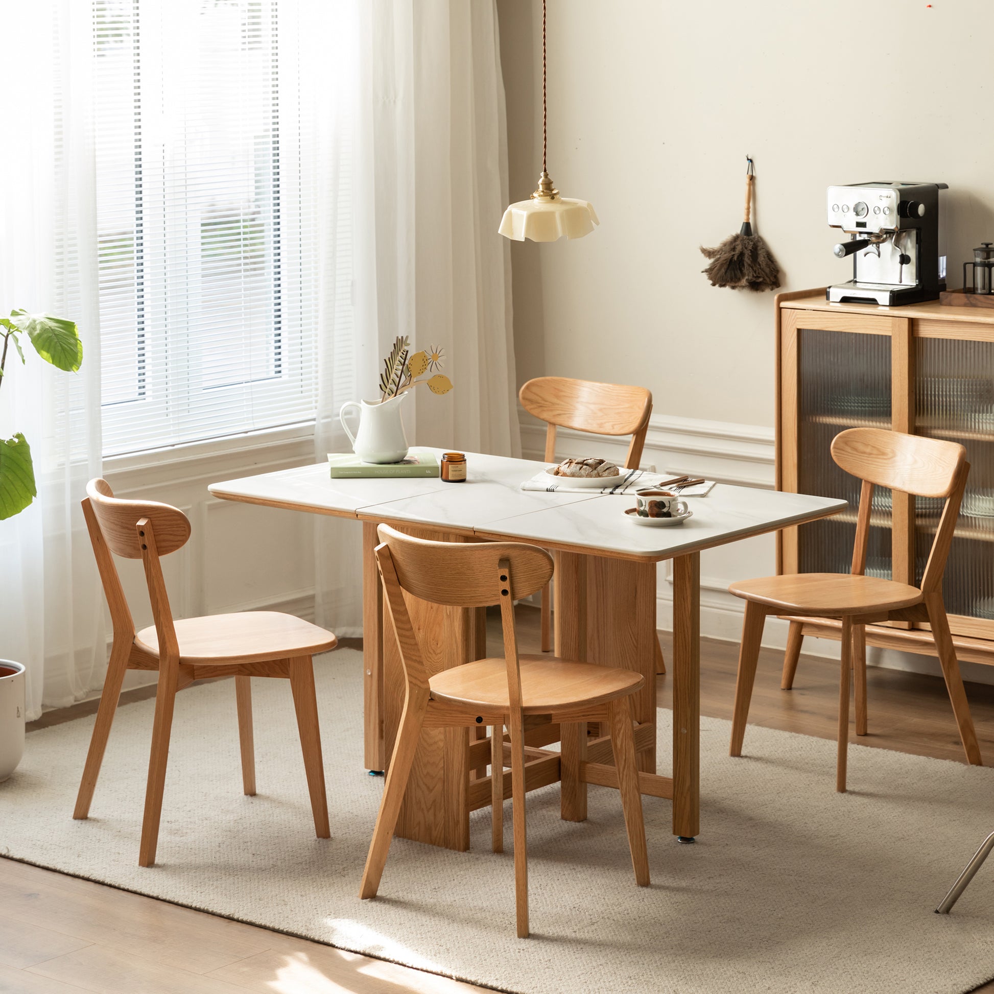 Modern light oak dining set with marblelook tabletop and four chairs