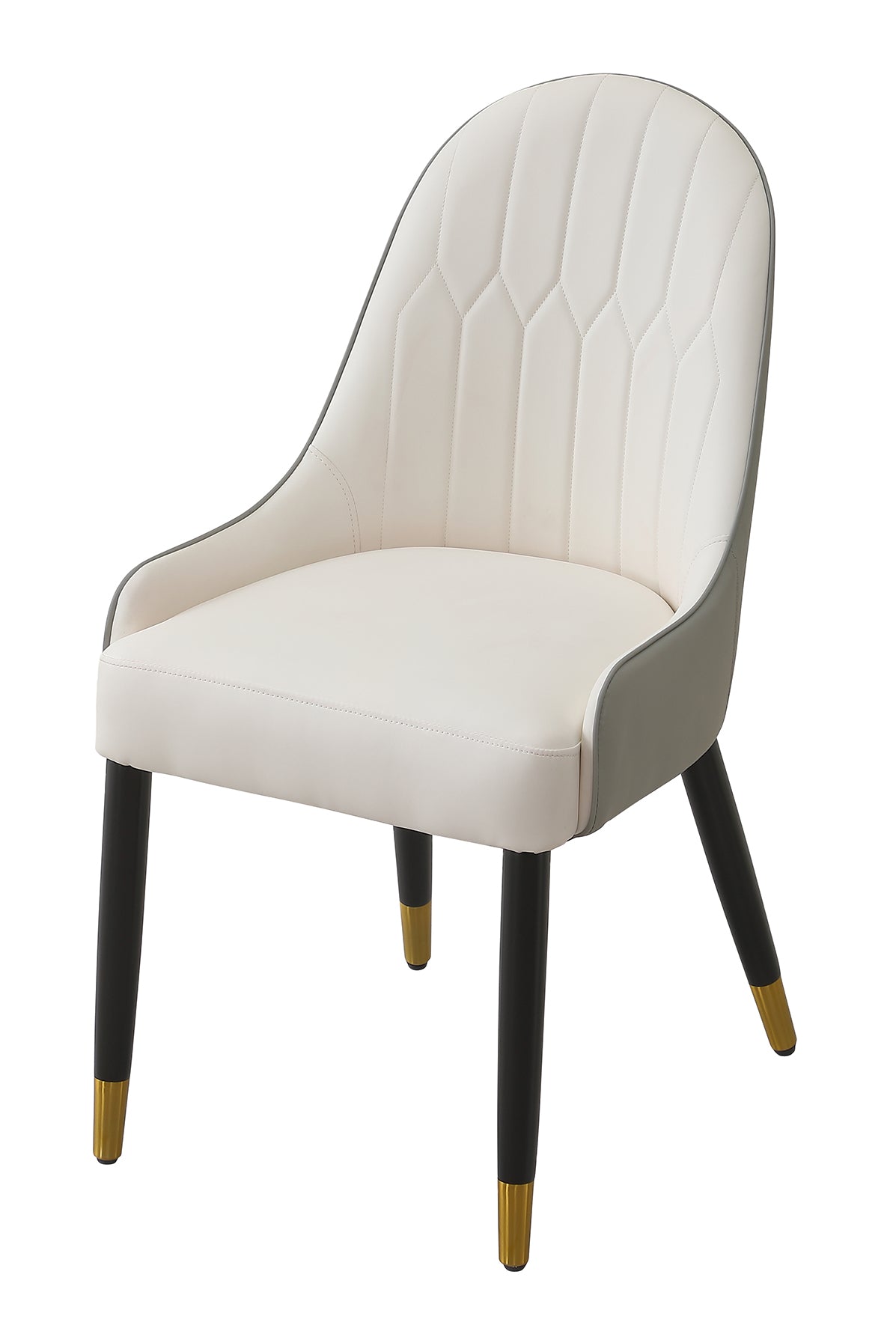 Modern white dining chair with diamondstitched back and black goldtipped legs