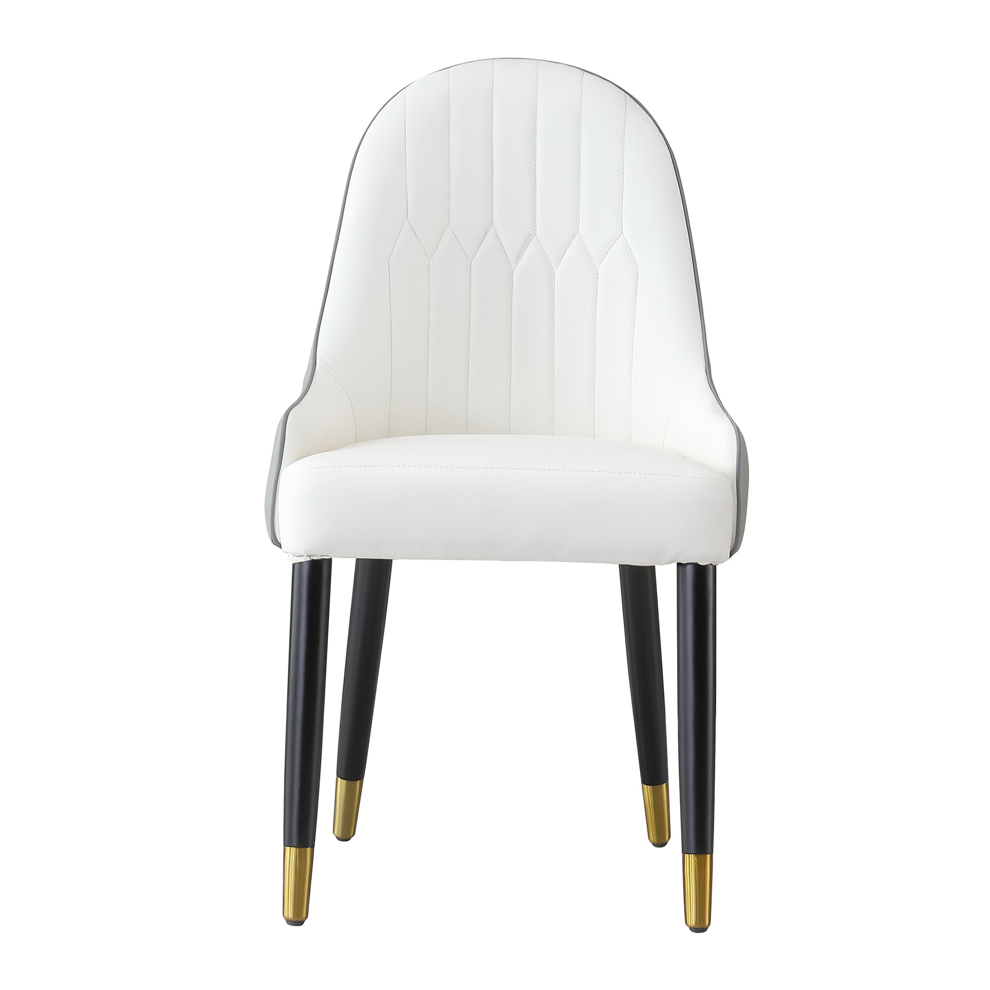 White upholstered dining chair with diamond stitching detail and black legs with gold accents