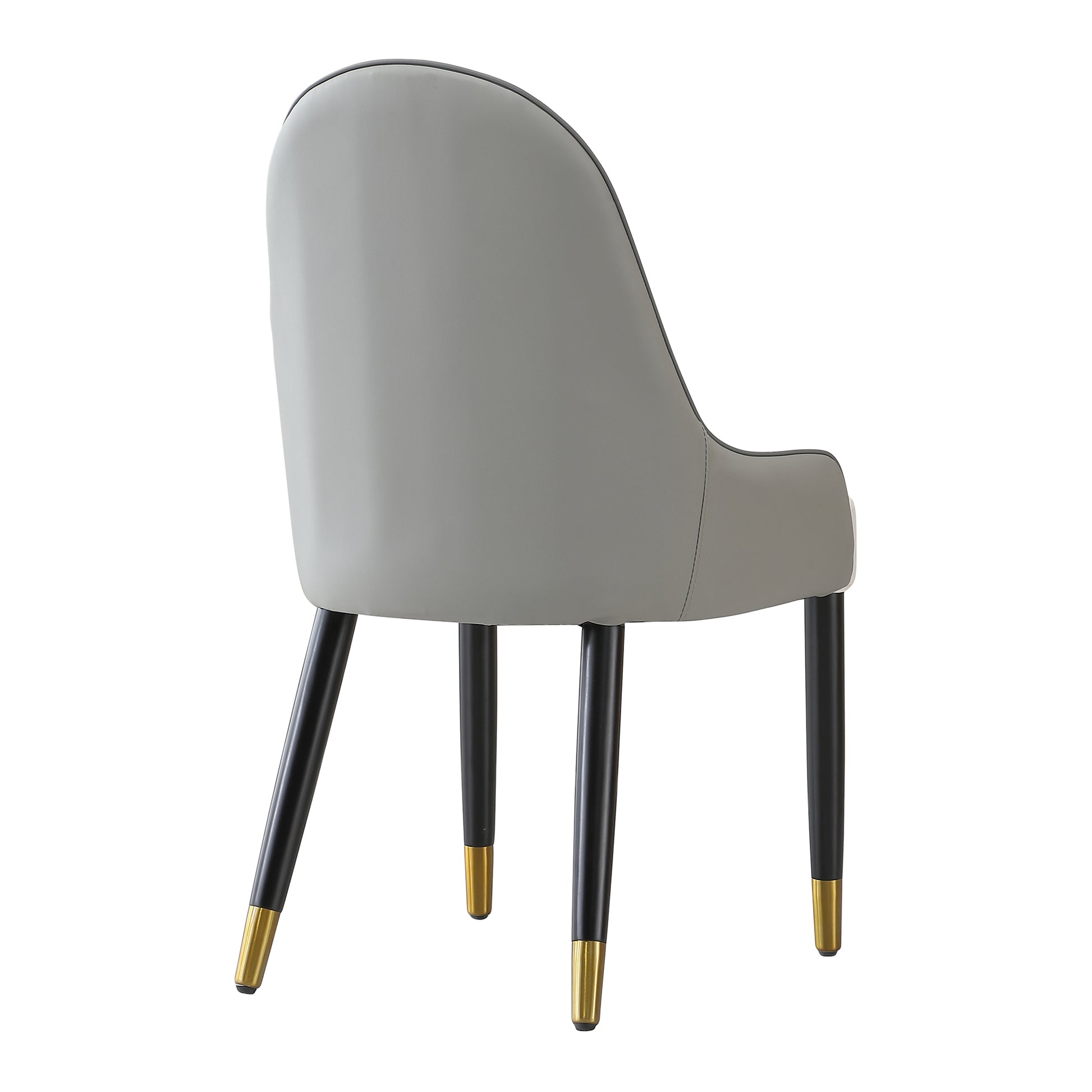 Modern grey upholstered dining chair with black metal legs and gold accents