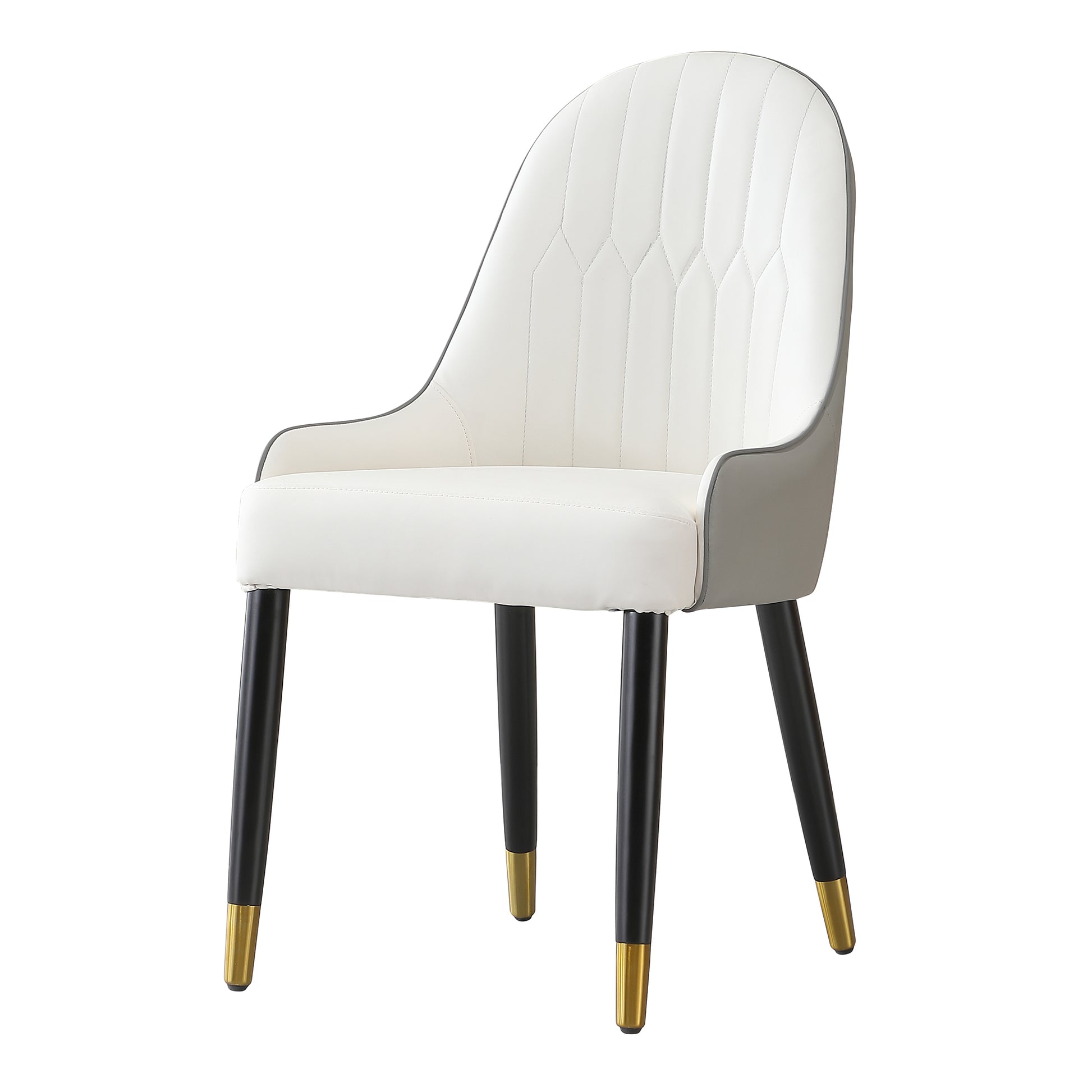 White upholstered dining chair with black legs and gold accents