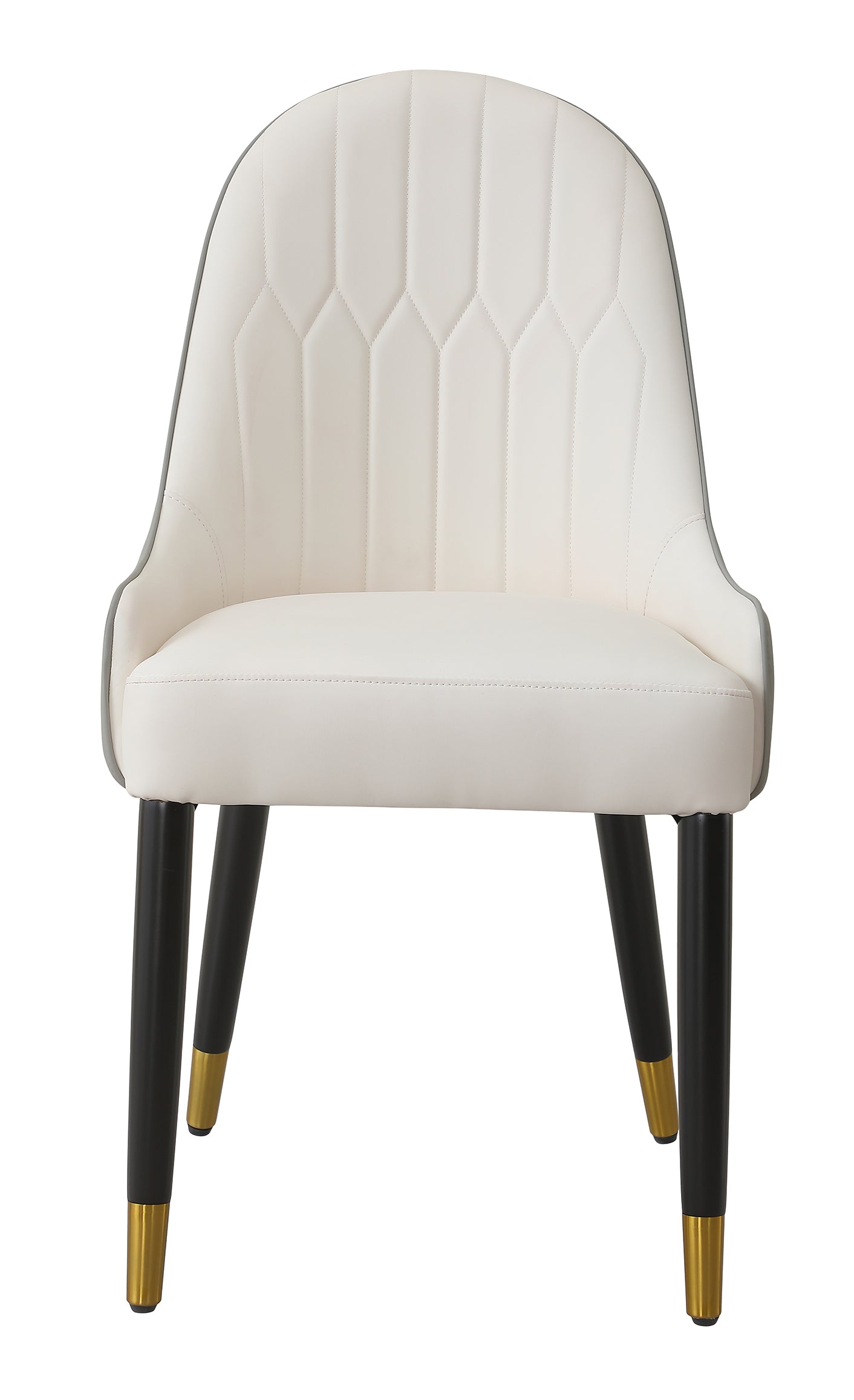 Cream upholstered dining chair with geometric stitching and black goldtipped legs