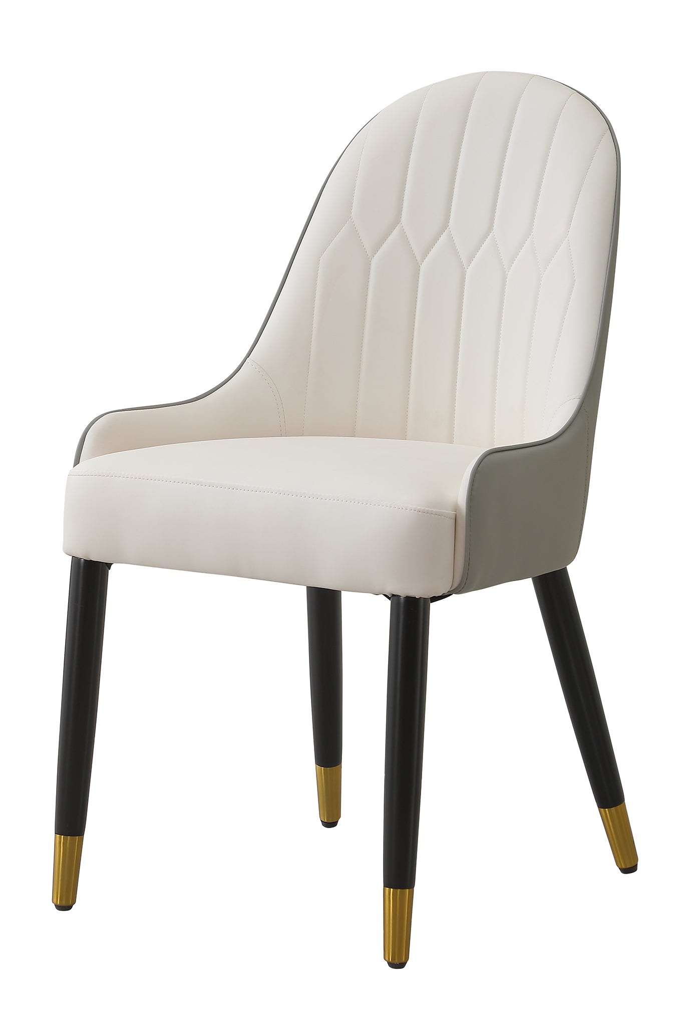 Cream upholstered accent chair with diamond stitching and gray accents