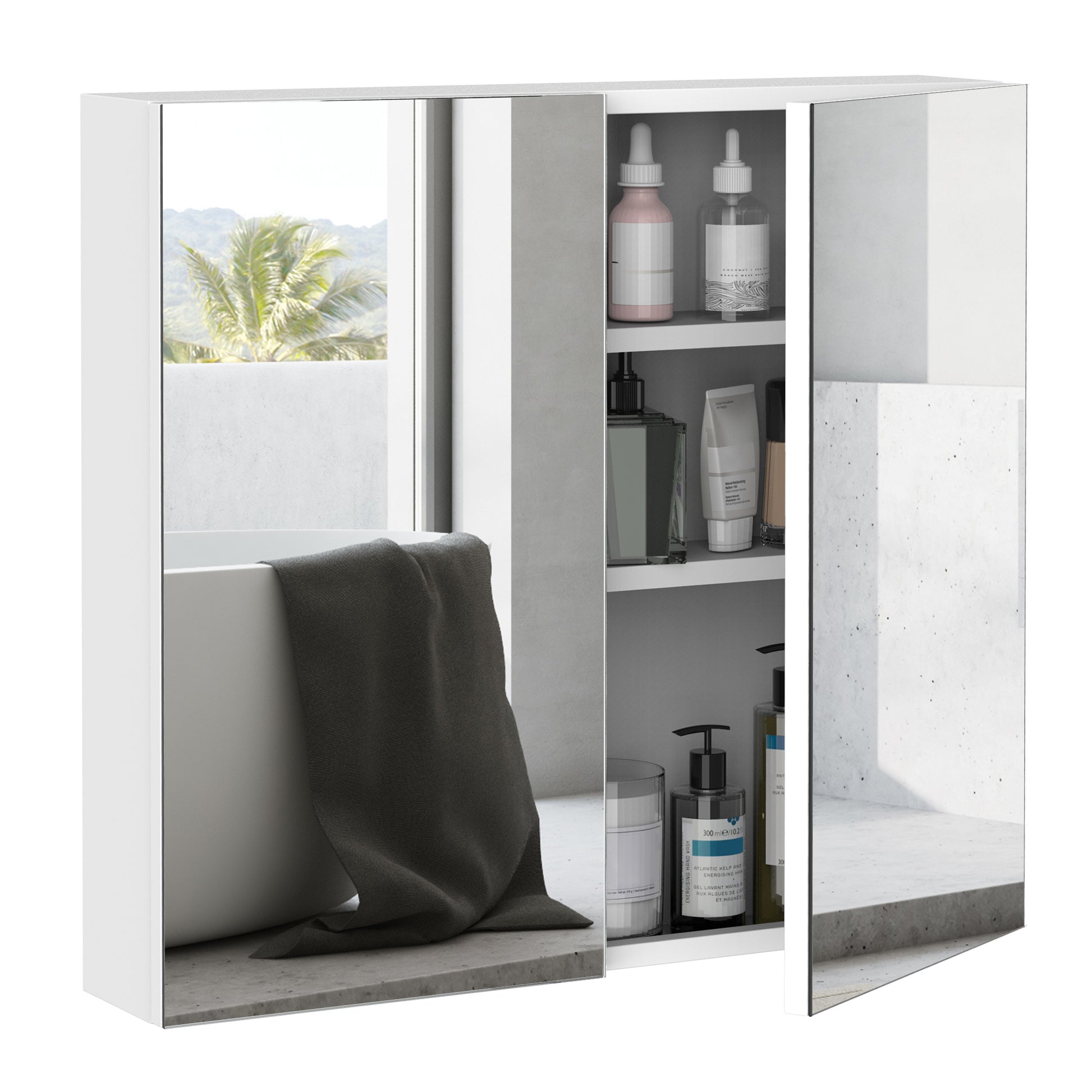 White mirrored bathroom cabinet with shelfdisplayed toiletries