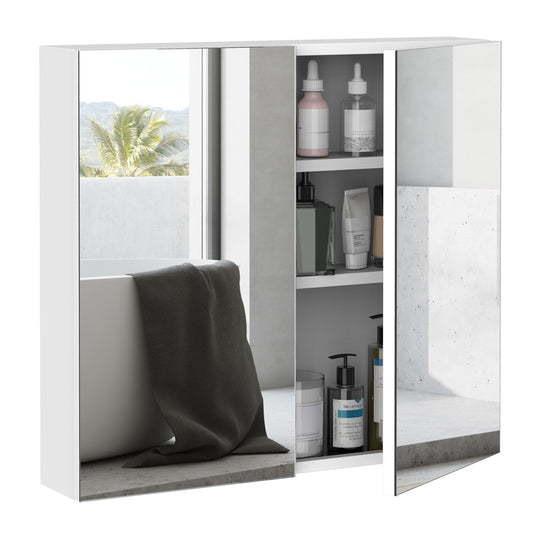 White mirrored bathroom cabinet with shelfdisplayed toiletries