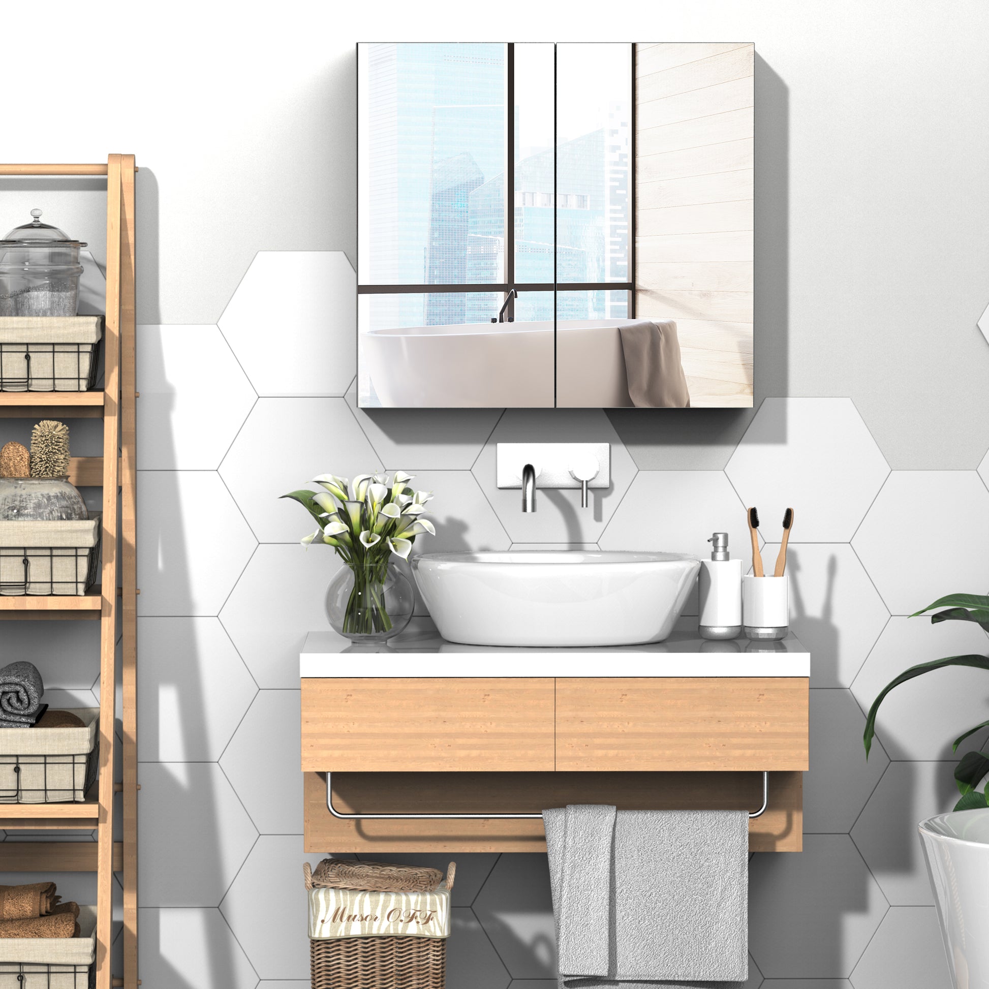 Modern bathroom vanity with light wood drawers and chrome towel bar