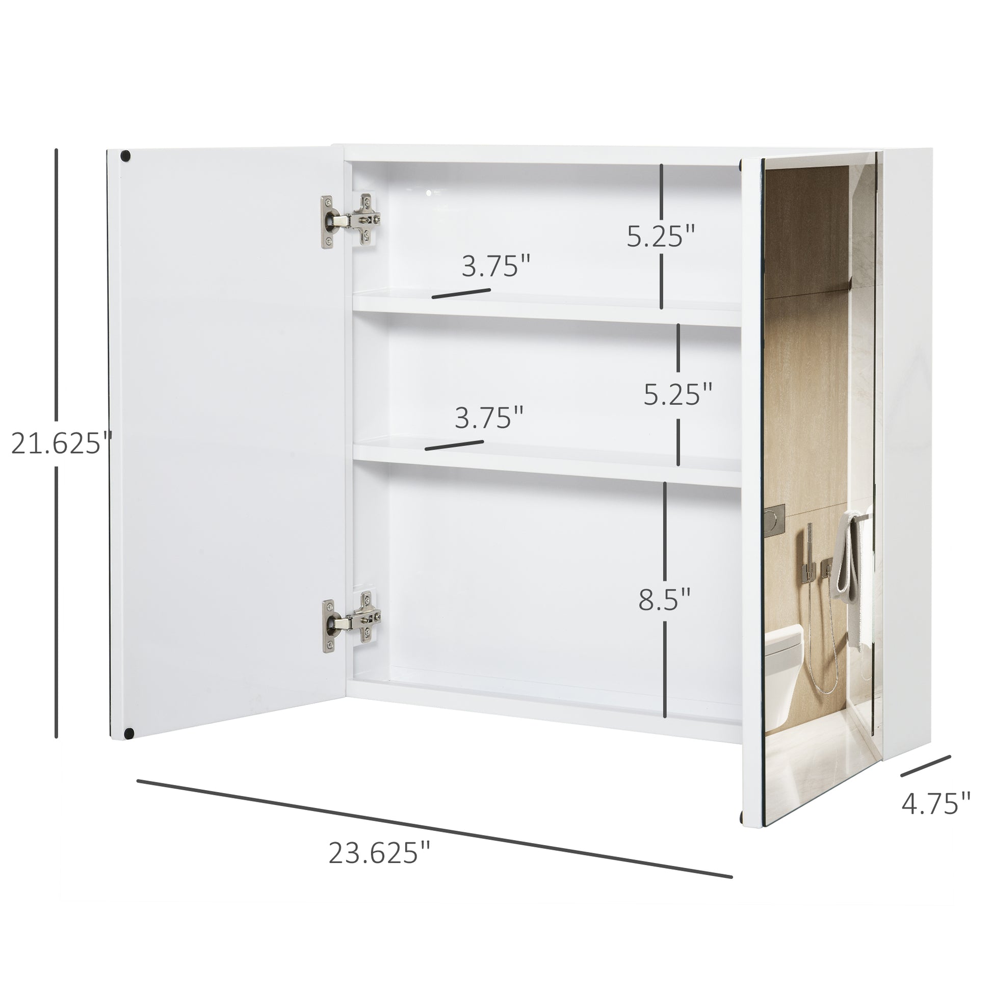 White mirrored medicine cabinet with  shelves and chrome hinges