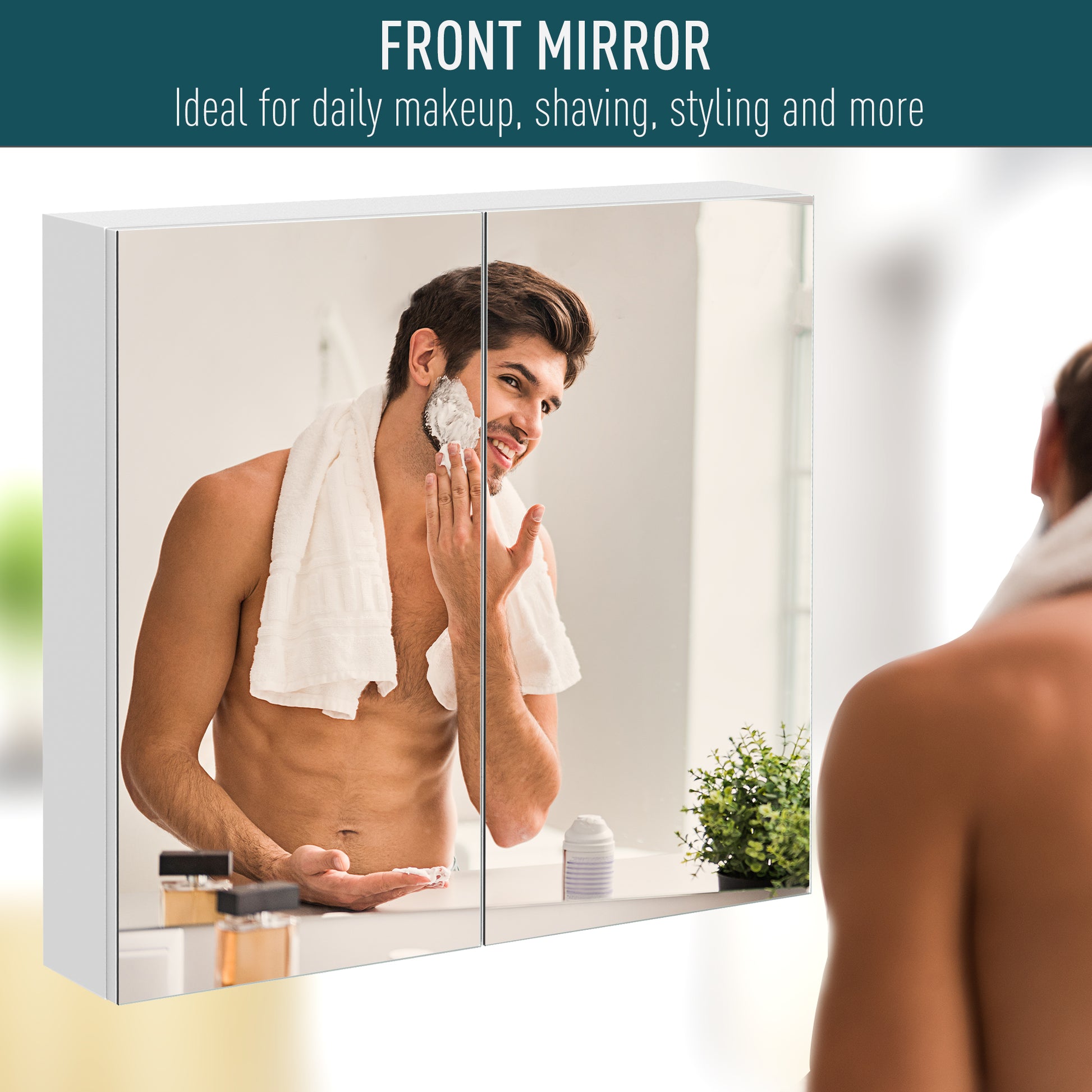 Modern white medicine cabinet with dual mirrored doors