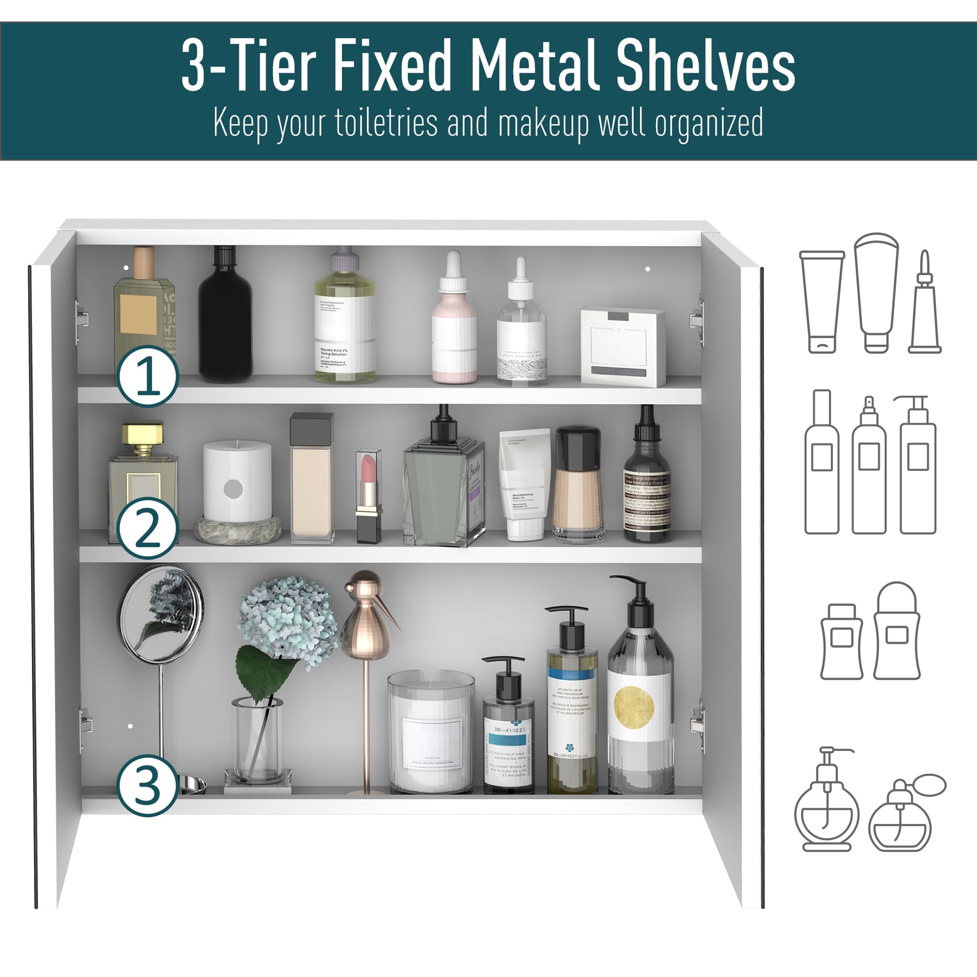 Clear glass bottles with gold labels on a shelf