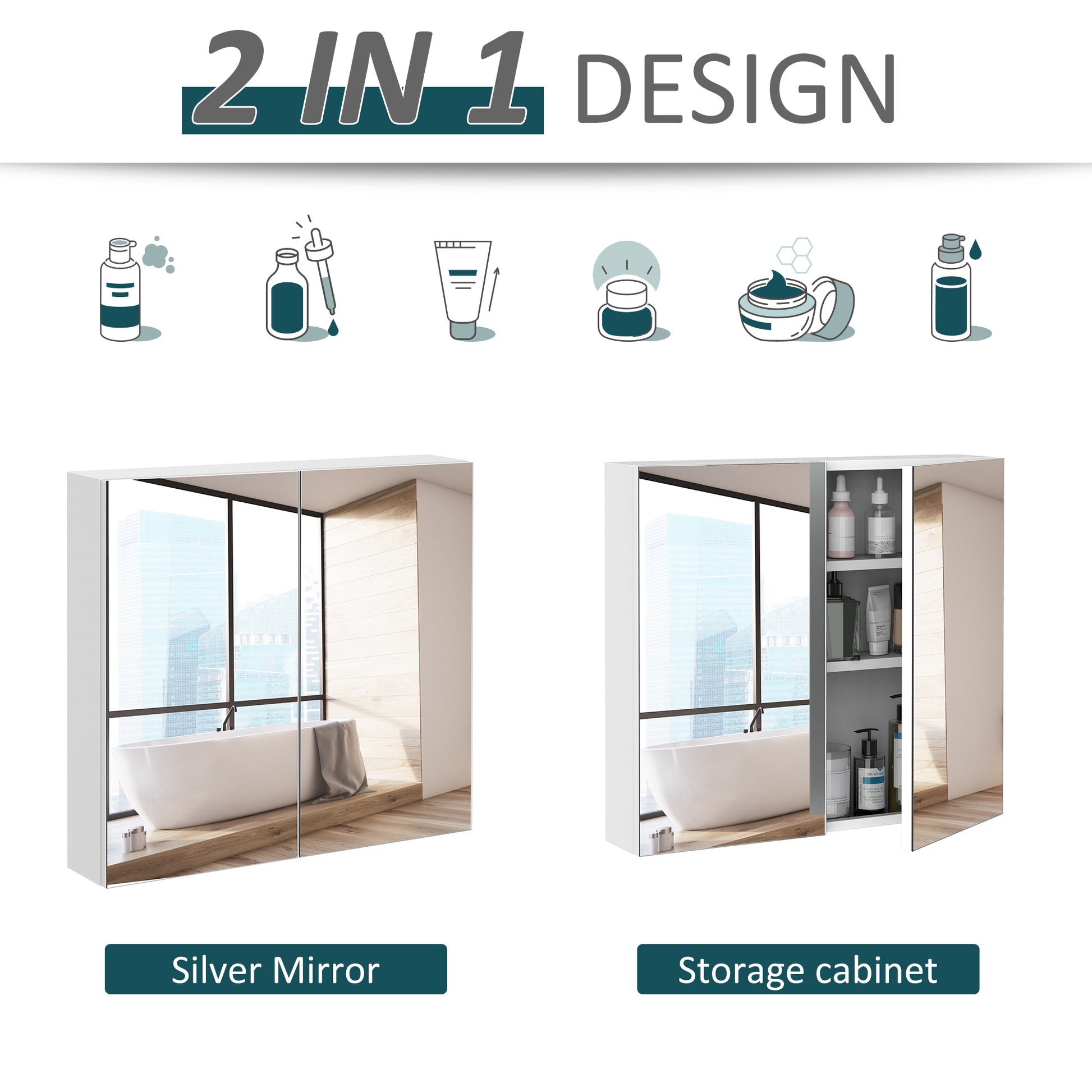 Modern white bathroom cabinet with mirrored doors reflecting a bathtub