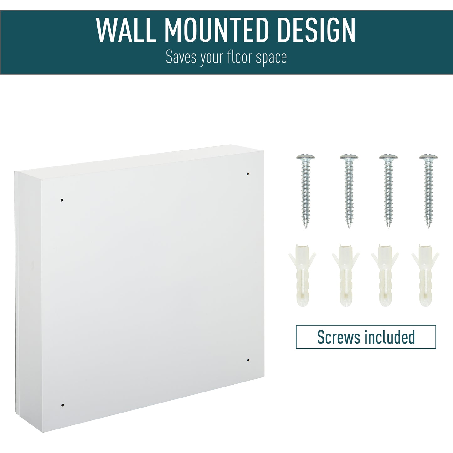White wall mountable storage box with included screws and anchors for versatile display