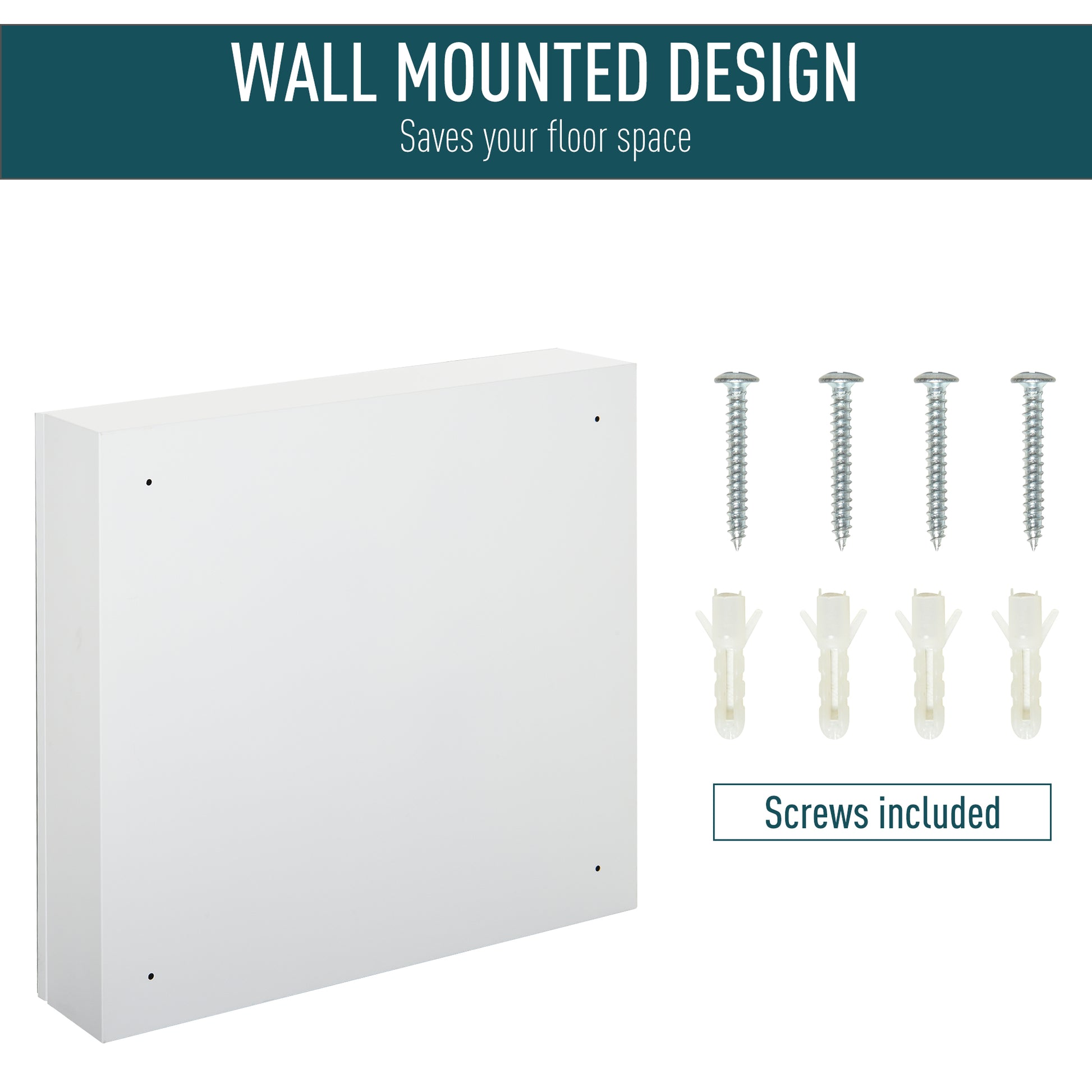 White wall mountable storage box with included screws and anchors for versatile display