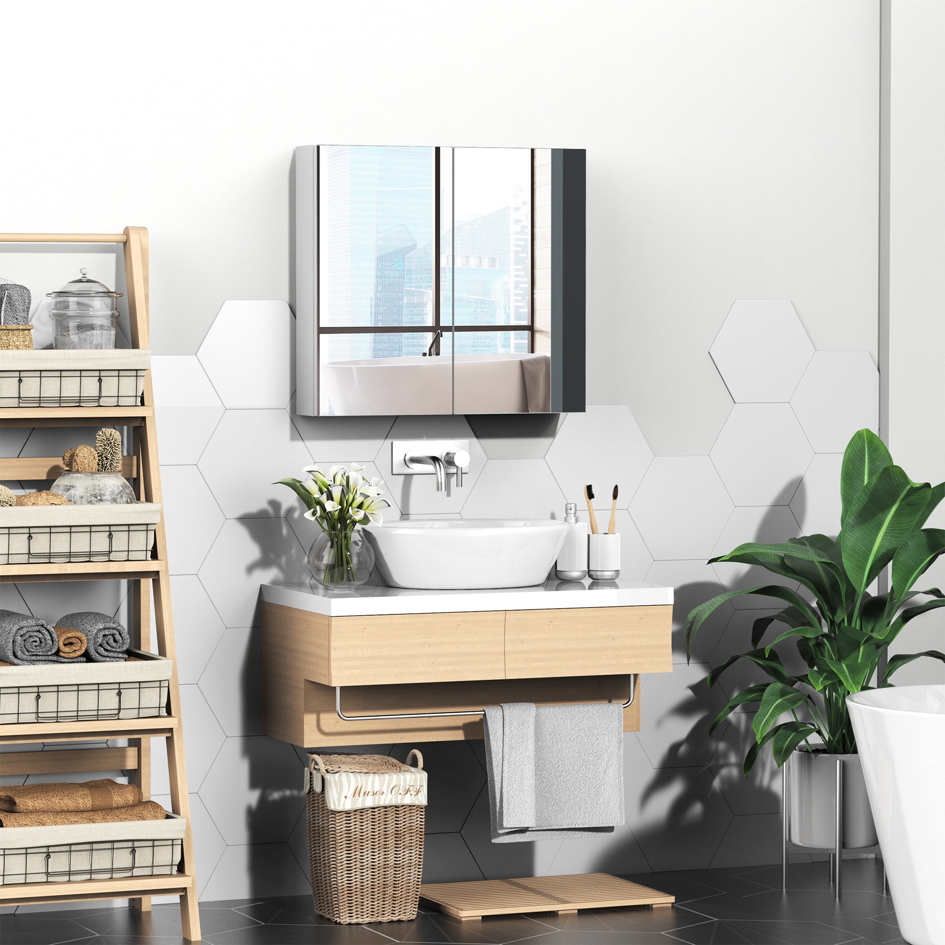 Modern bathroom vanity with vessel sink and chrome faucet