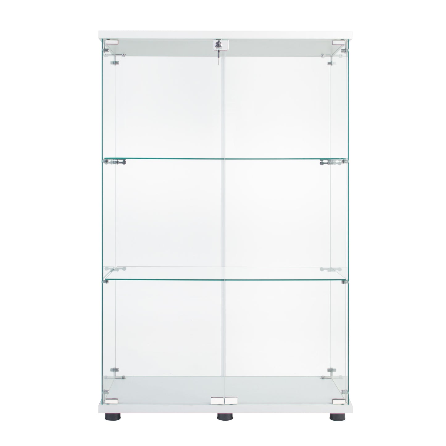 White glass display cabinet with lockable doors and adjustable shelves