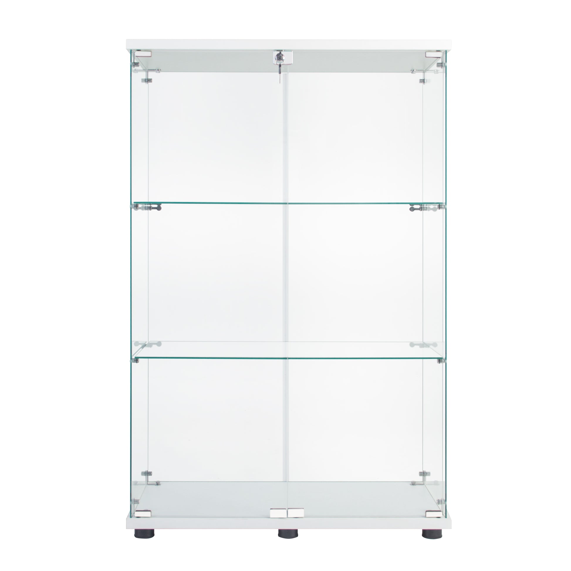 White glass display cabinet with lockable doors and adjustable shelves