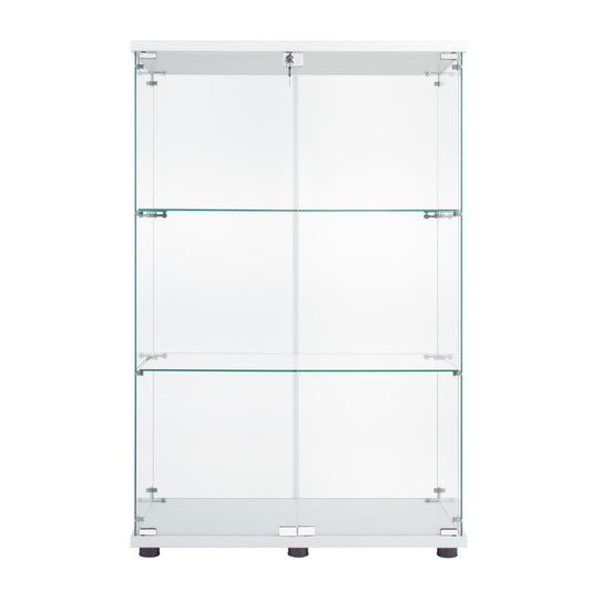 White glass display cabinet with lockable doors and adjustable shelves