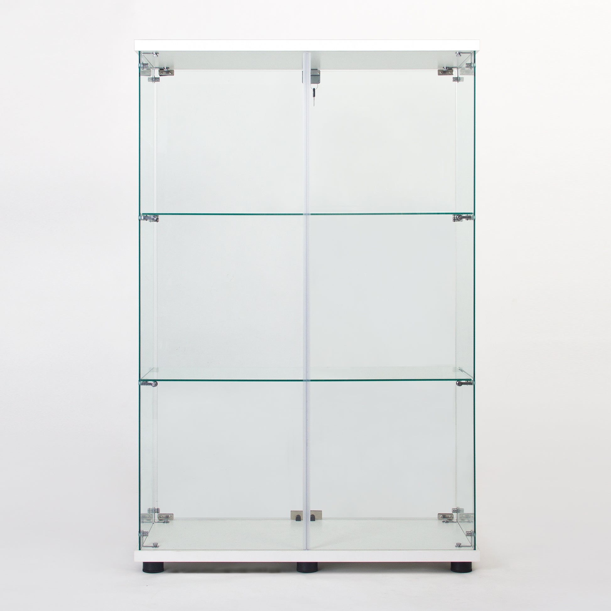 Modern glass display cabinet with aluminum frame and three shelves