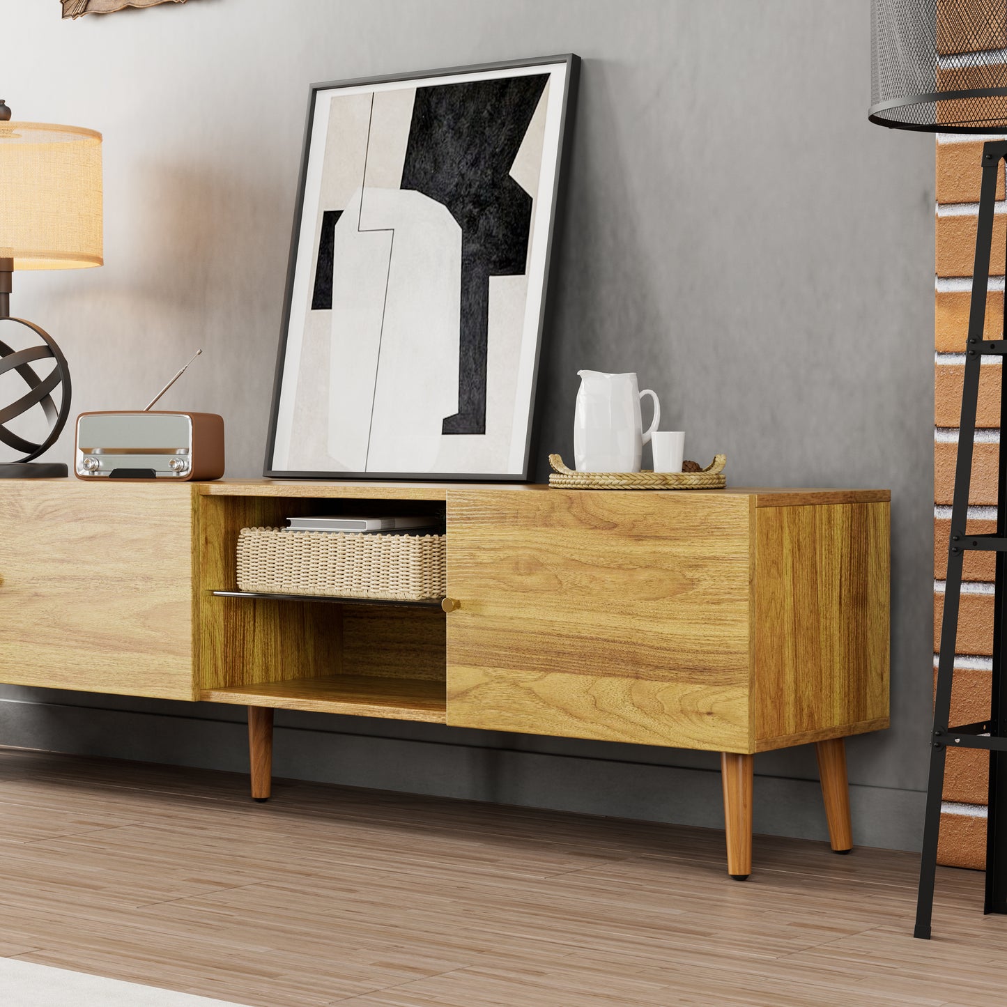 Midcentury modern oak wood TV stand with sliding doors and open shelving