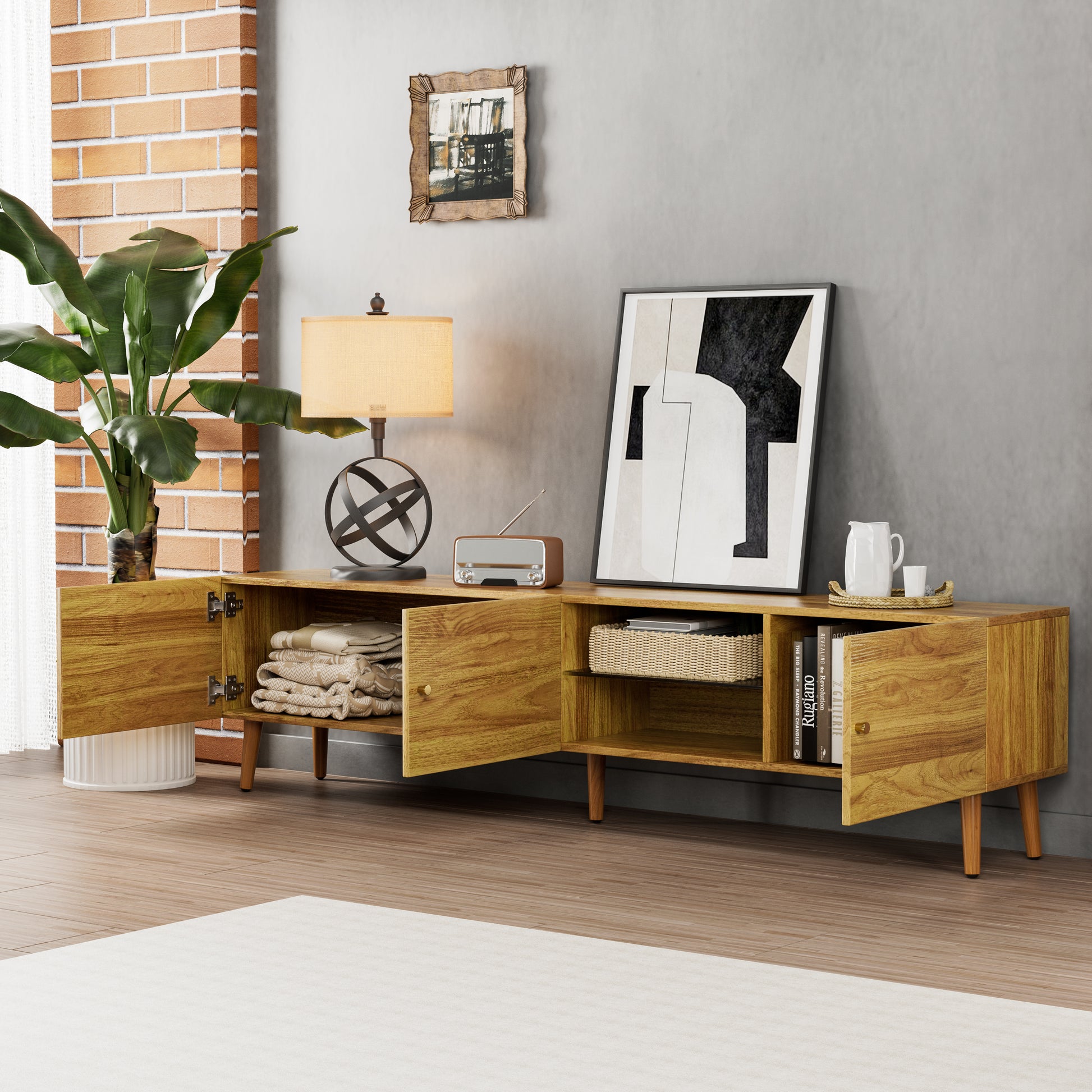 Modern wooden media console with open and closed storage compartments
