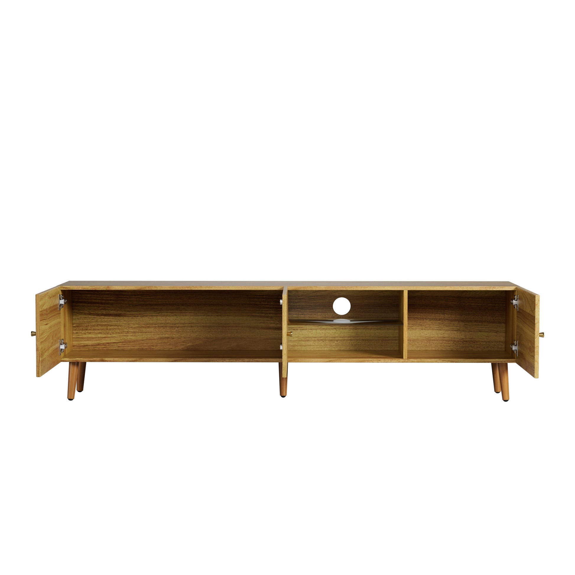Open pine wood media console with two cabinet doors and three open shelves