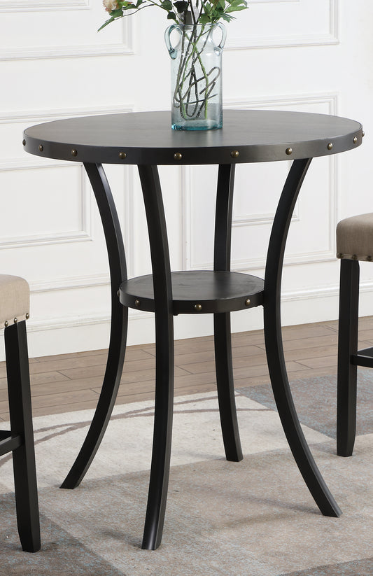 Round black industrial bar table with metal studs and curved legs