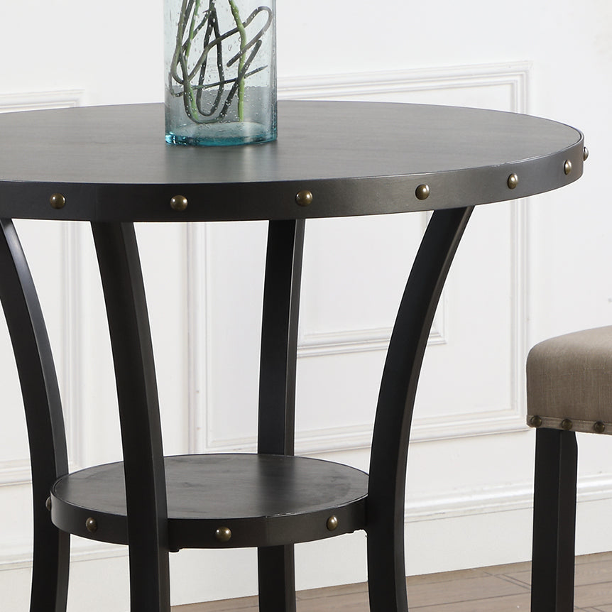 Round black metal bistro table with decorative rivets and lower shelf