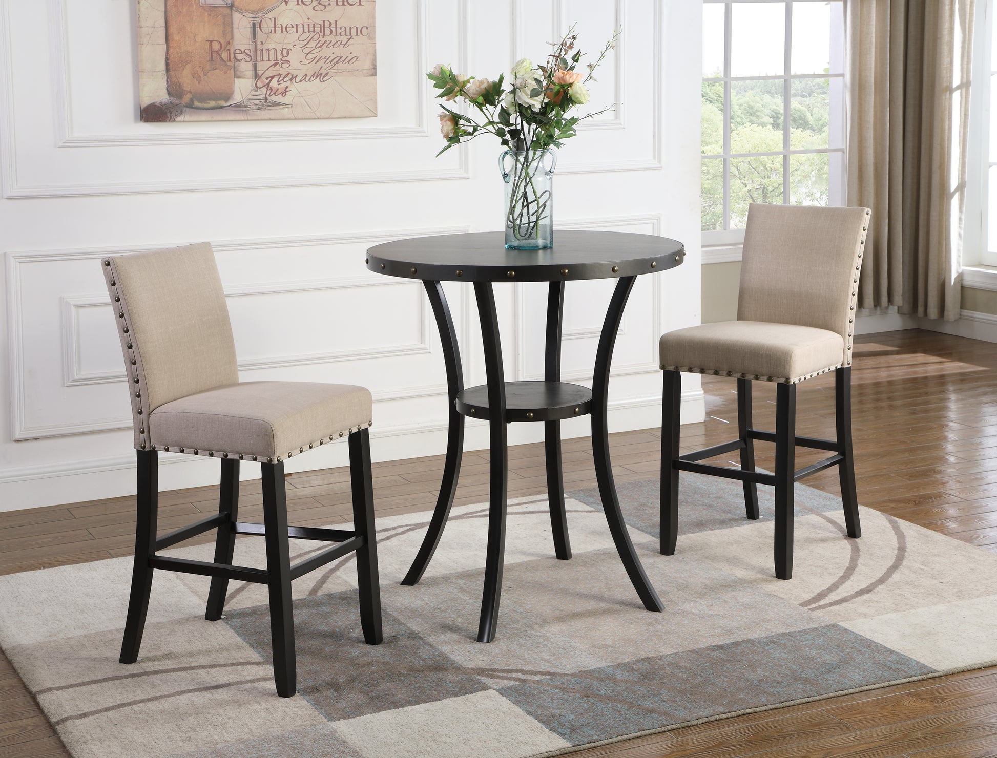 Upholstered bar stool with nailhead trim and black legs
