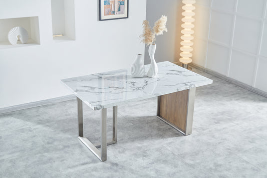 Modern dining table with white marble top and brushed stainless steel legs
