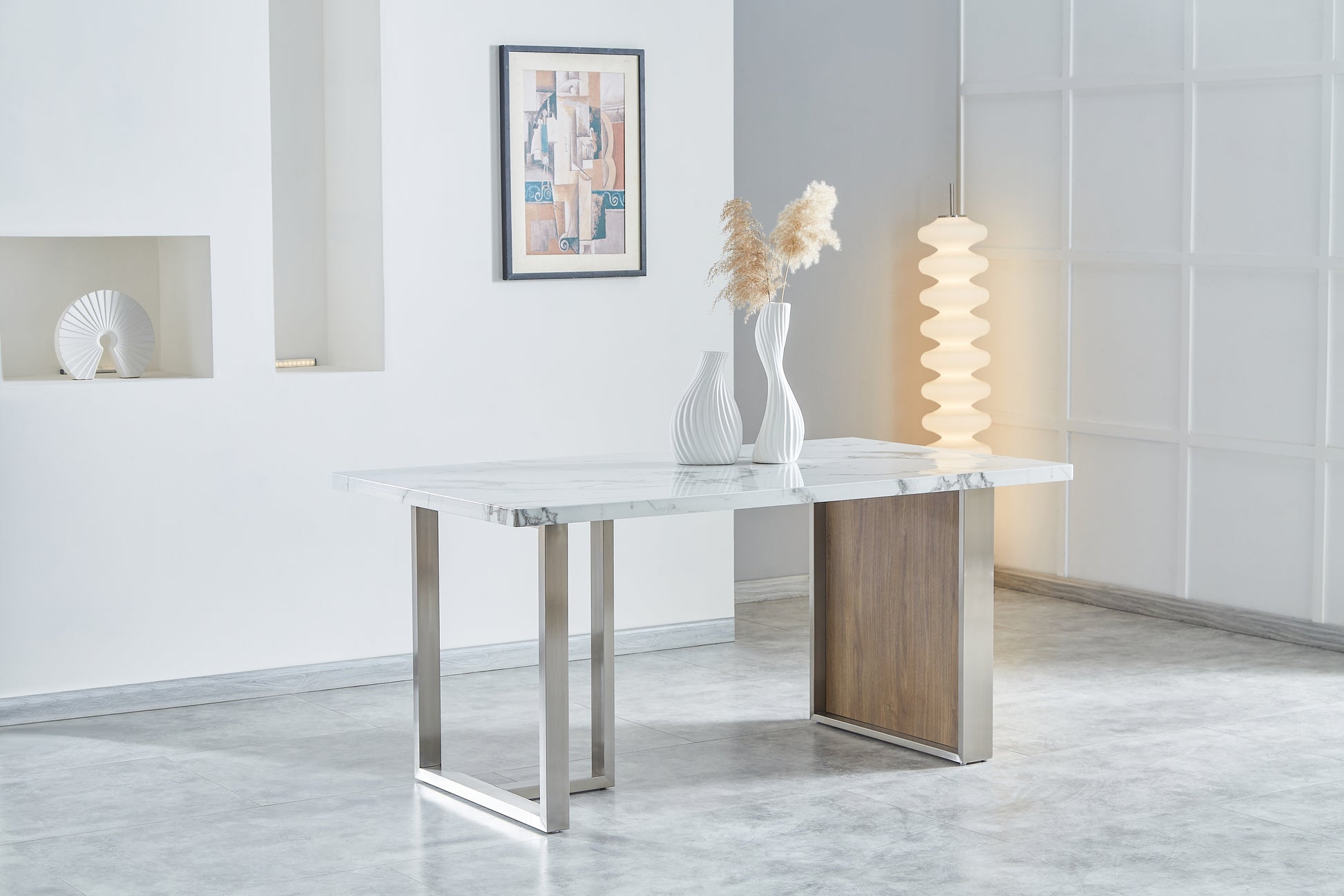Modern marble dining table with brushed stainless steel legs