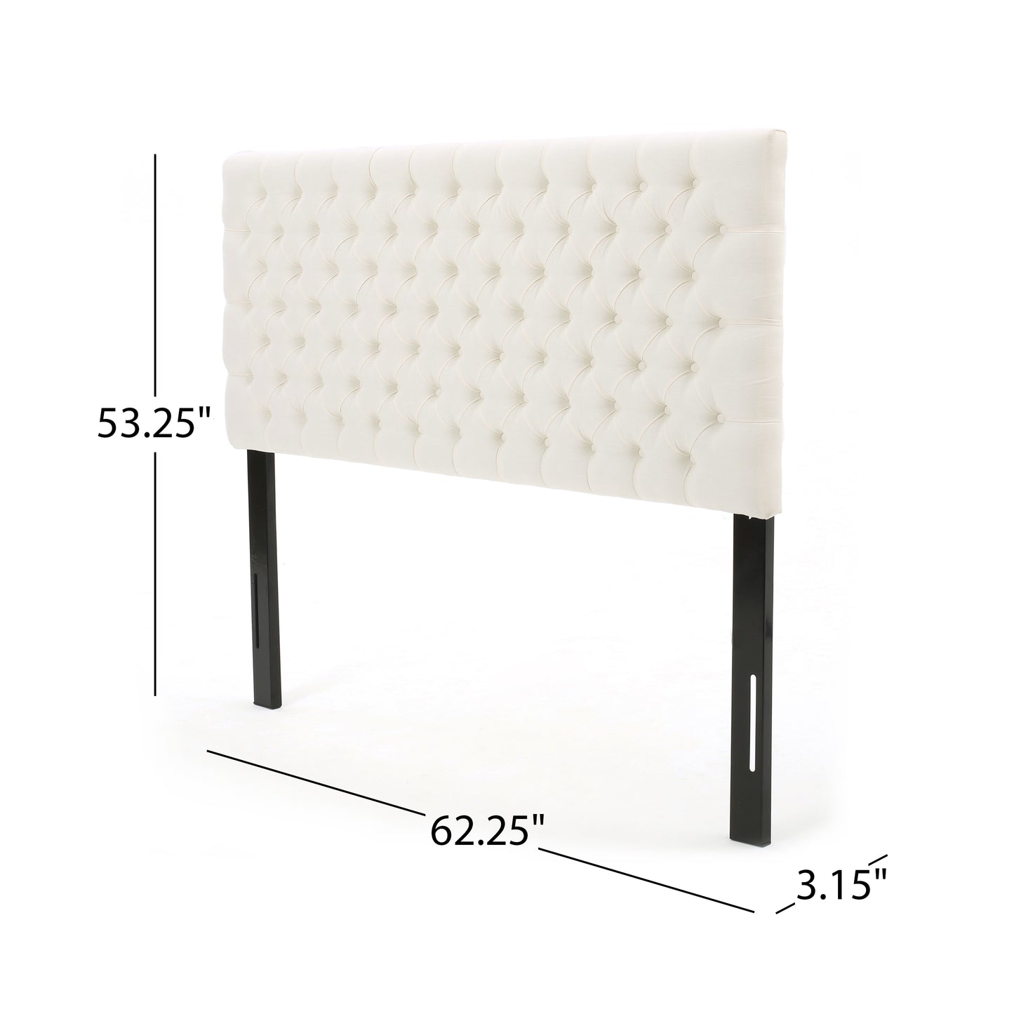 Cream upholstered diamond tufted headboard with black metal legs