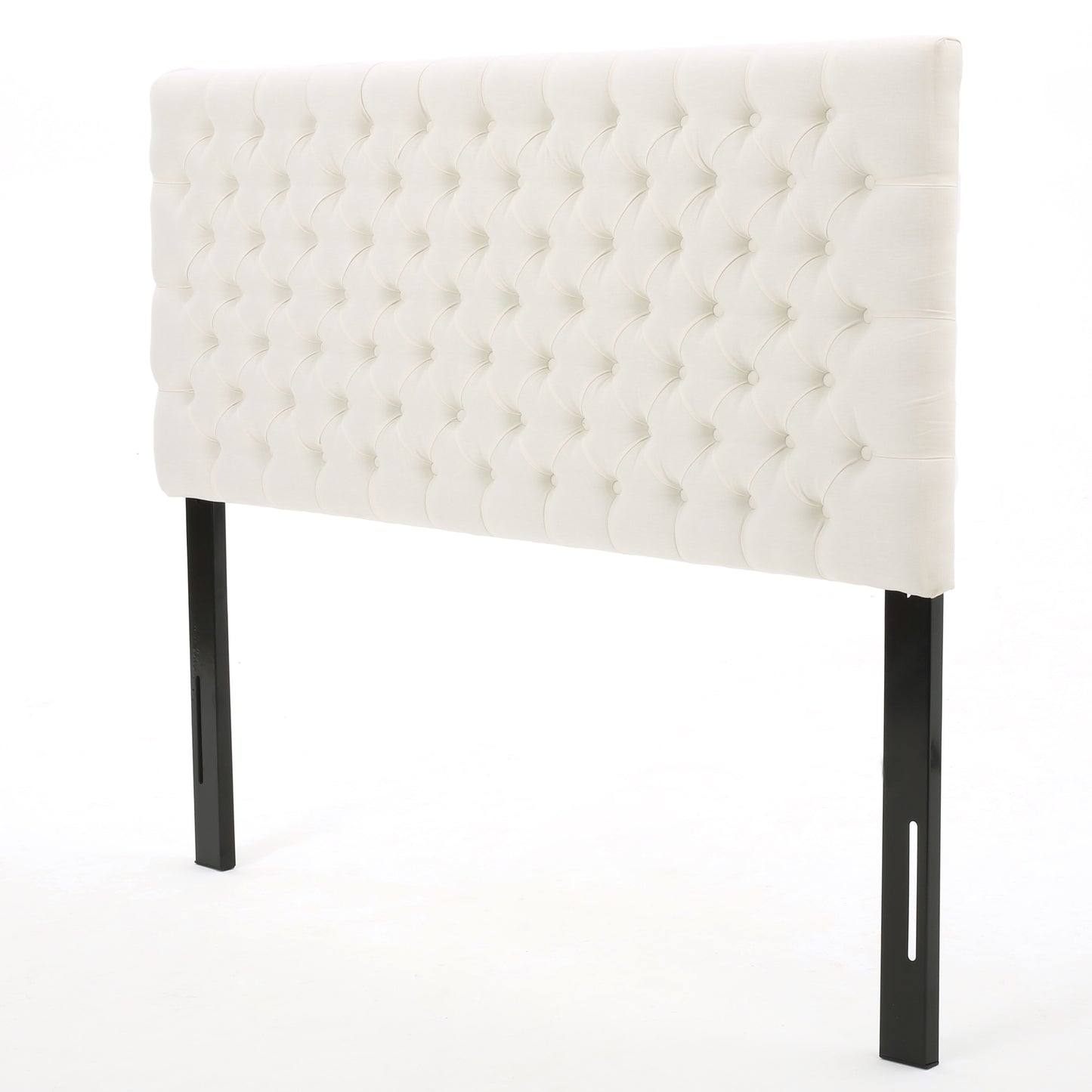 Offwhite tufted upholstered headboard with black metal legs