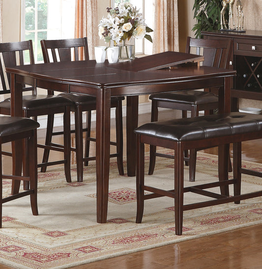 Dark wood counter height dining set with padded faux leather stools and bench