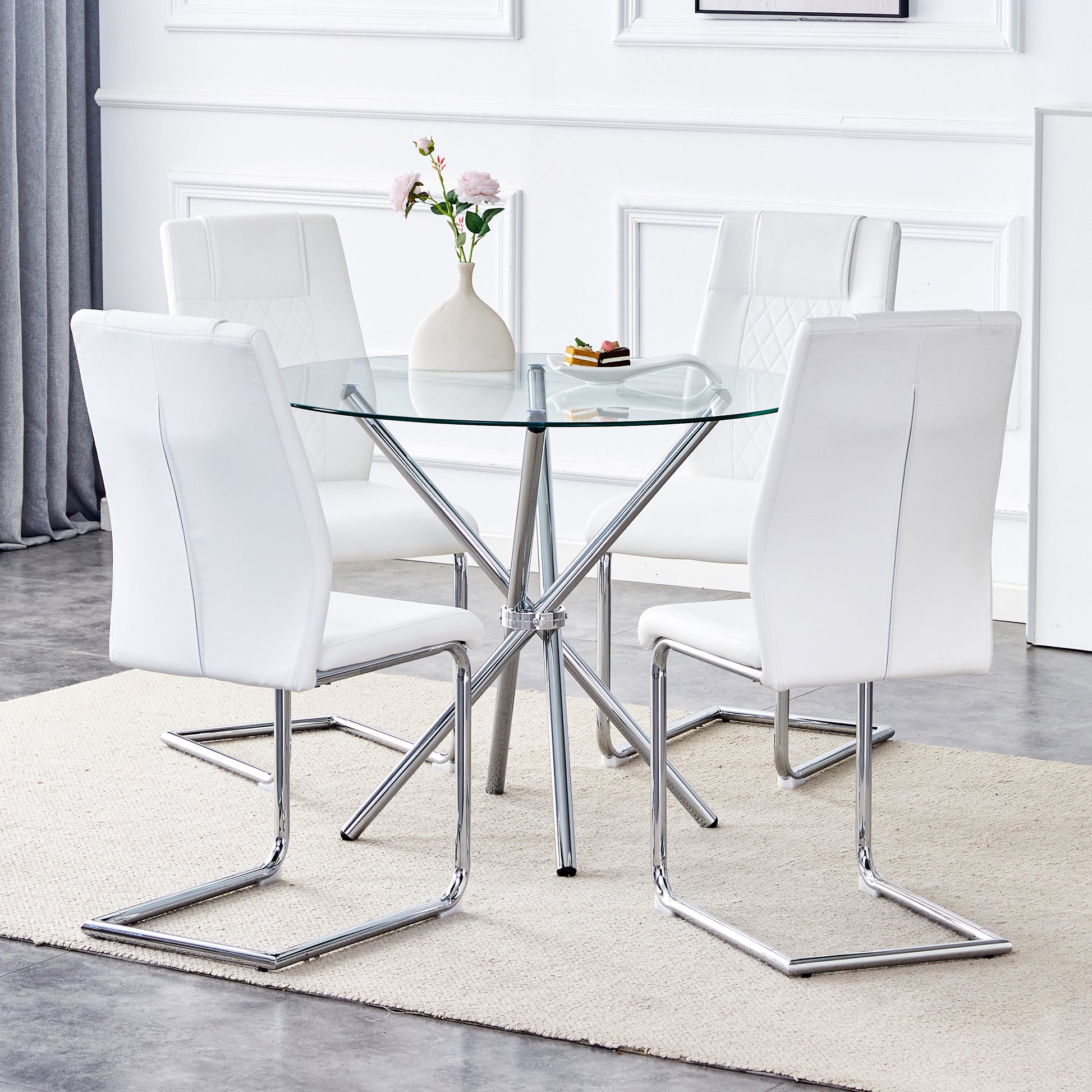 White leather dining chairs with chrome legs