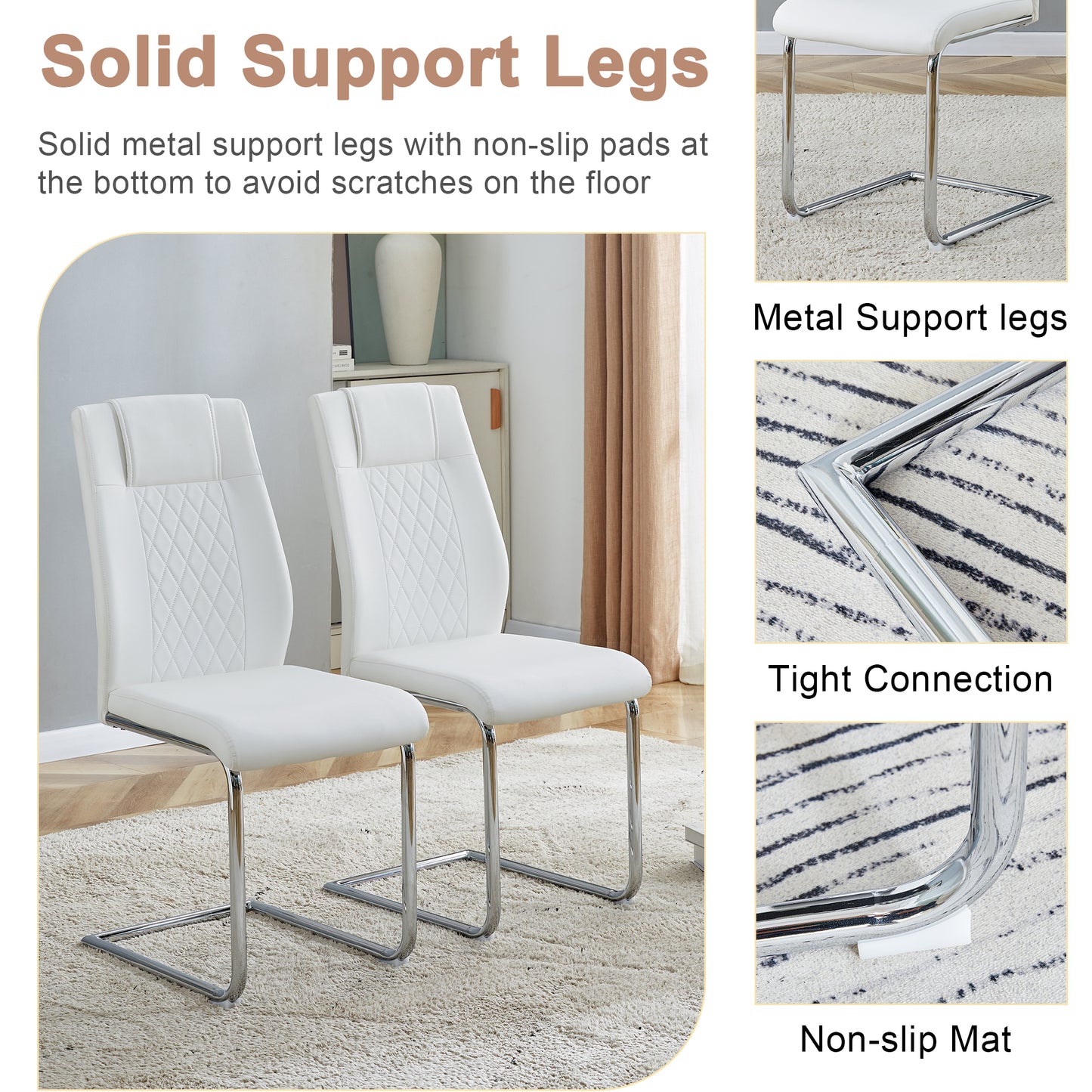 Pair of white faux leather dining chairs with quilted backrests and chrome cantilever legs