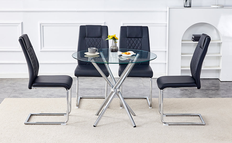 Black faux leather dining chair with chrome sled base