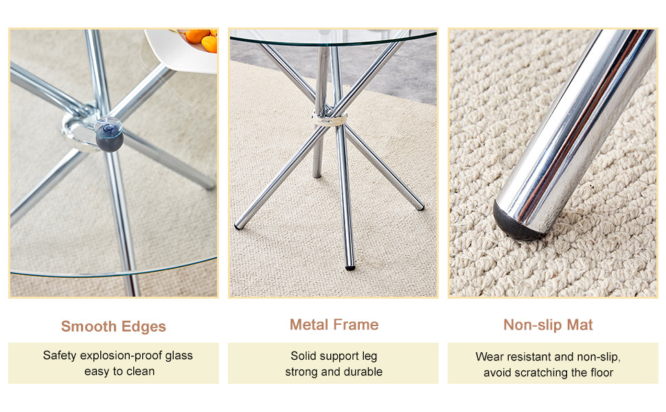 Round glass tabletop with smooth edges and chrome leg base