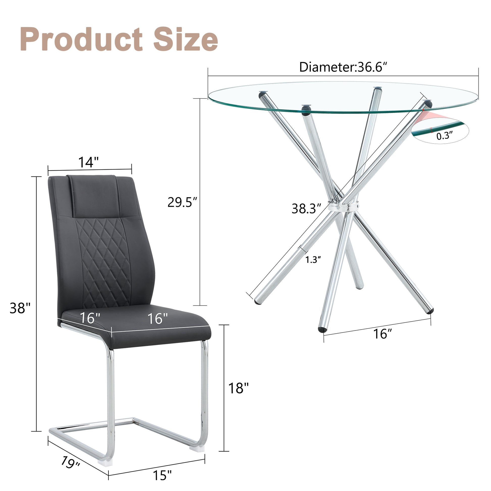 Dark gray faux leather dining chair with quilted back and chrome cantilever base Dimensions shown