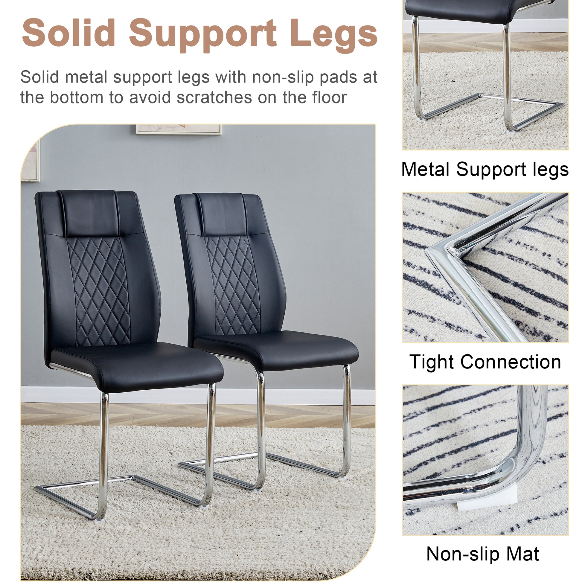 Black faux leather dining chairs with diamond tufting and chrome cantilever legs