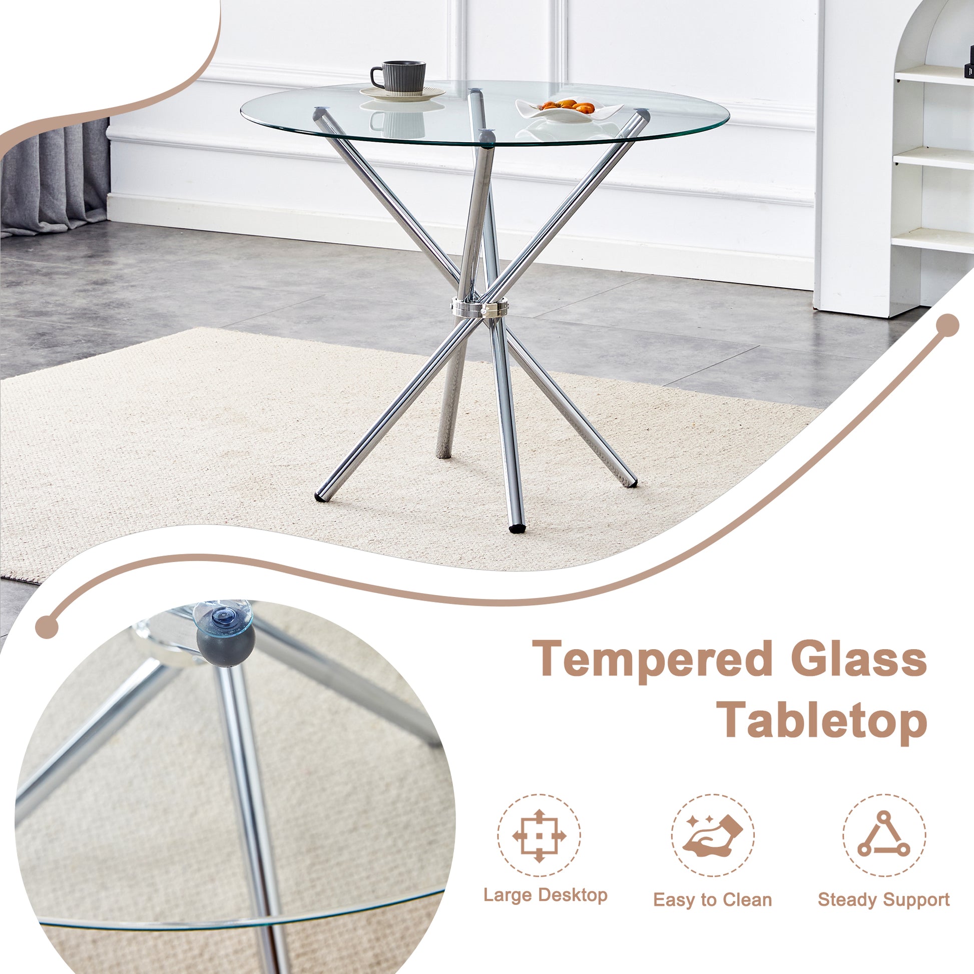 Round tempered glass dining table with chrome star base