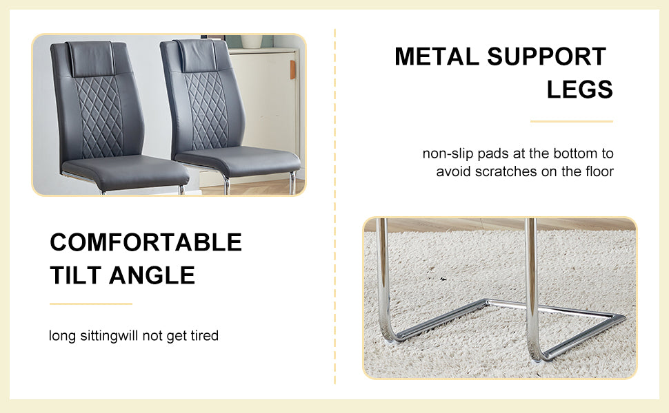 Two dark gray faux leather dining chairs with diamond quilting and chrome legs
