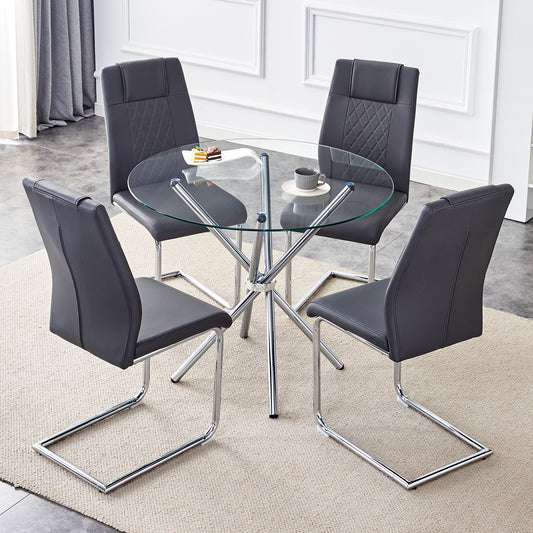 Modern glass dining table set with four dark gray faux leather chairs