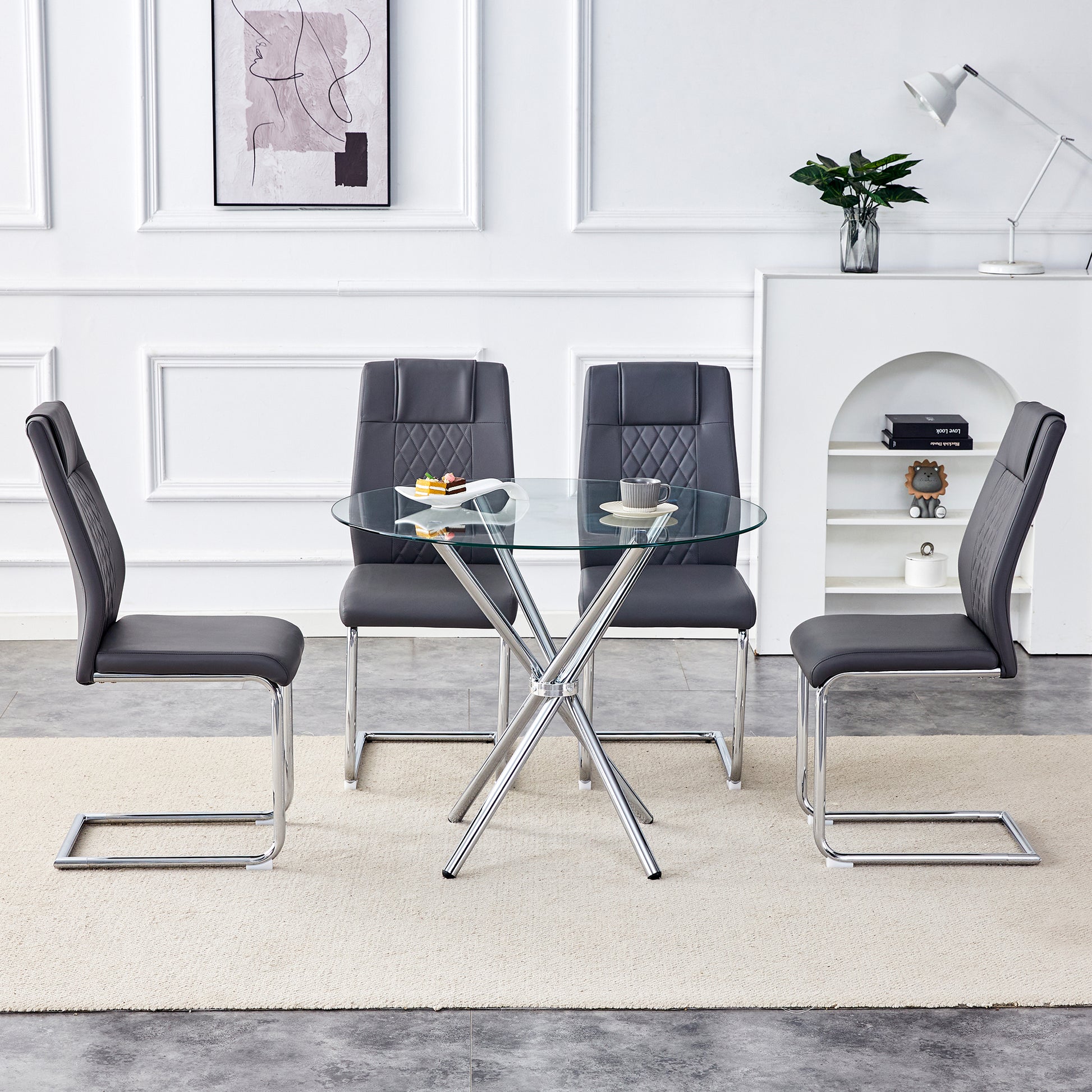 Modern gray faux leather dining chairs with diamond stitching