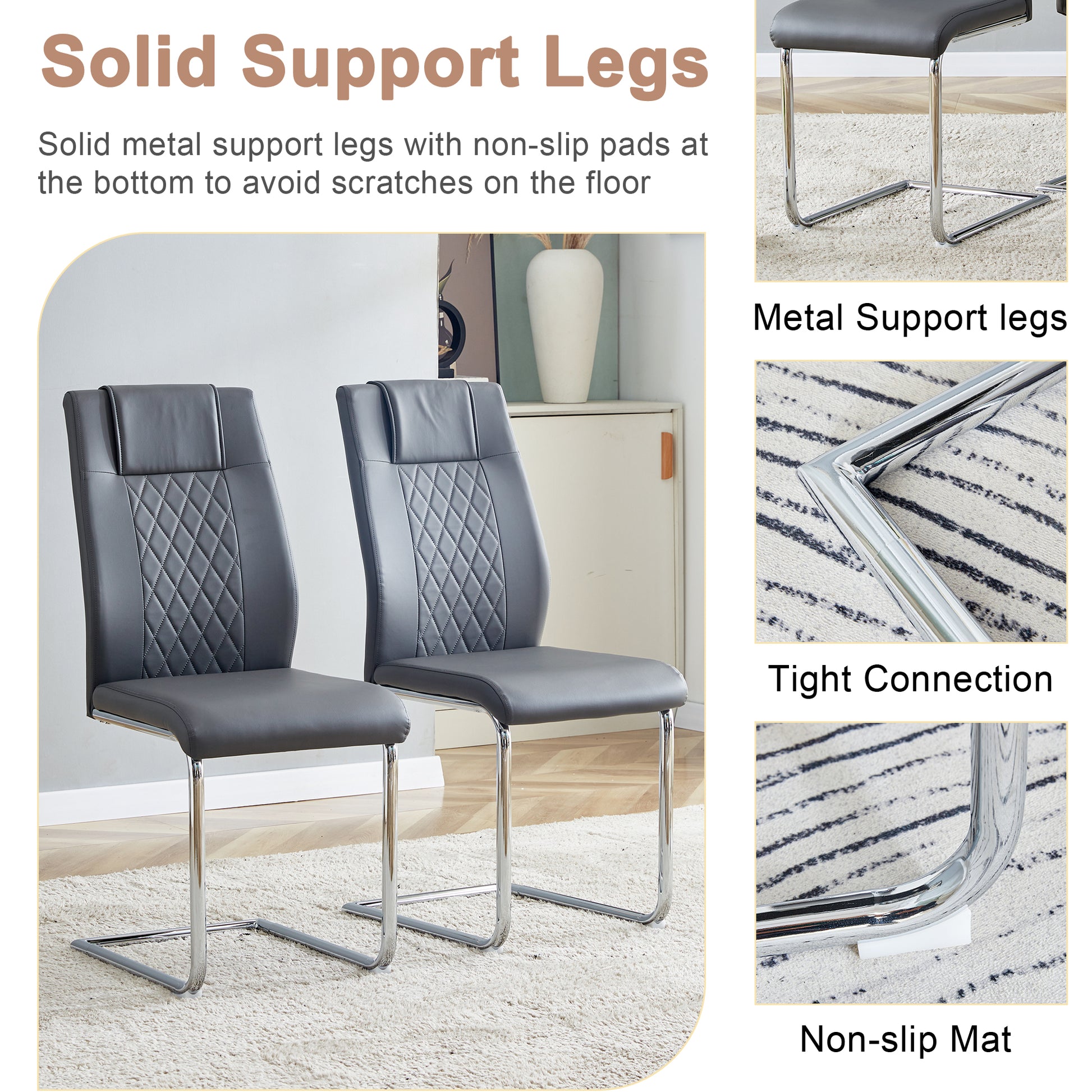 Two grey faux leather dining chairs with diamond stitching and chrome cantilever legs