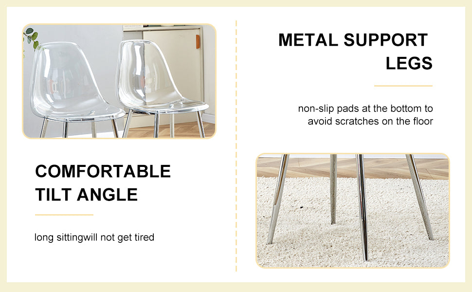 Two clear acrylic chairs with metal legs