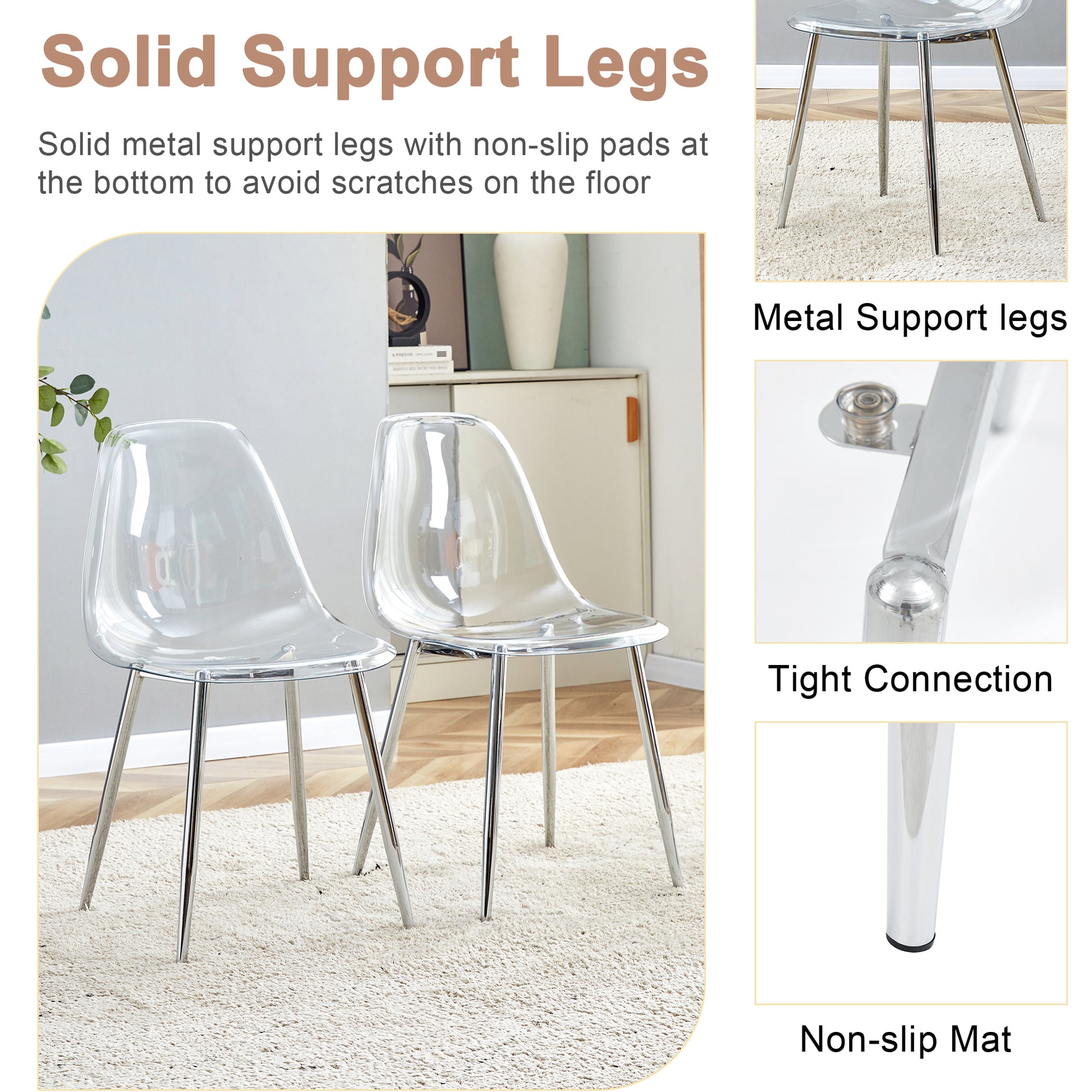 Clear acrylic dining chair with shiny chrome metal support legs