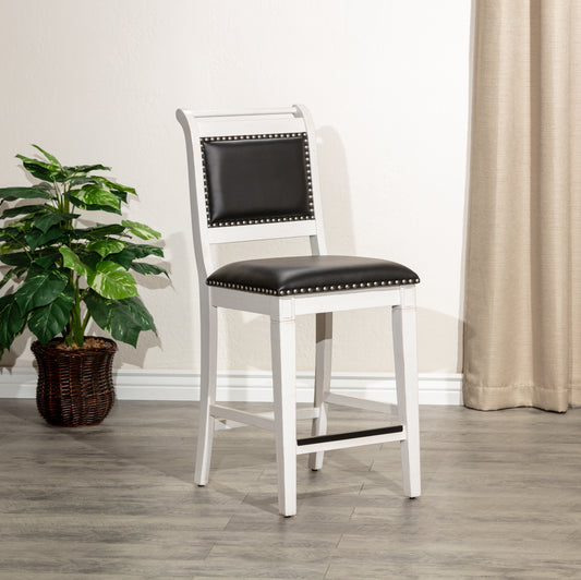 White wooden bar stool with black leather seat and silver nailhead trim