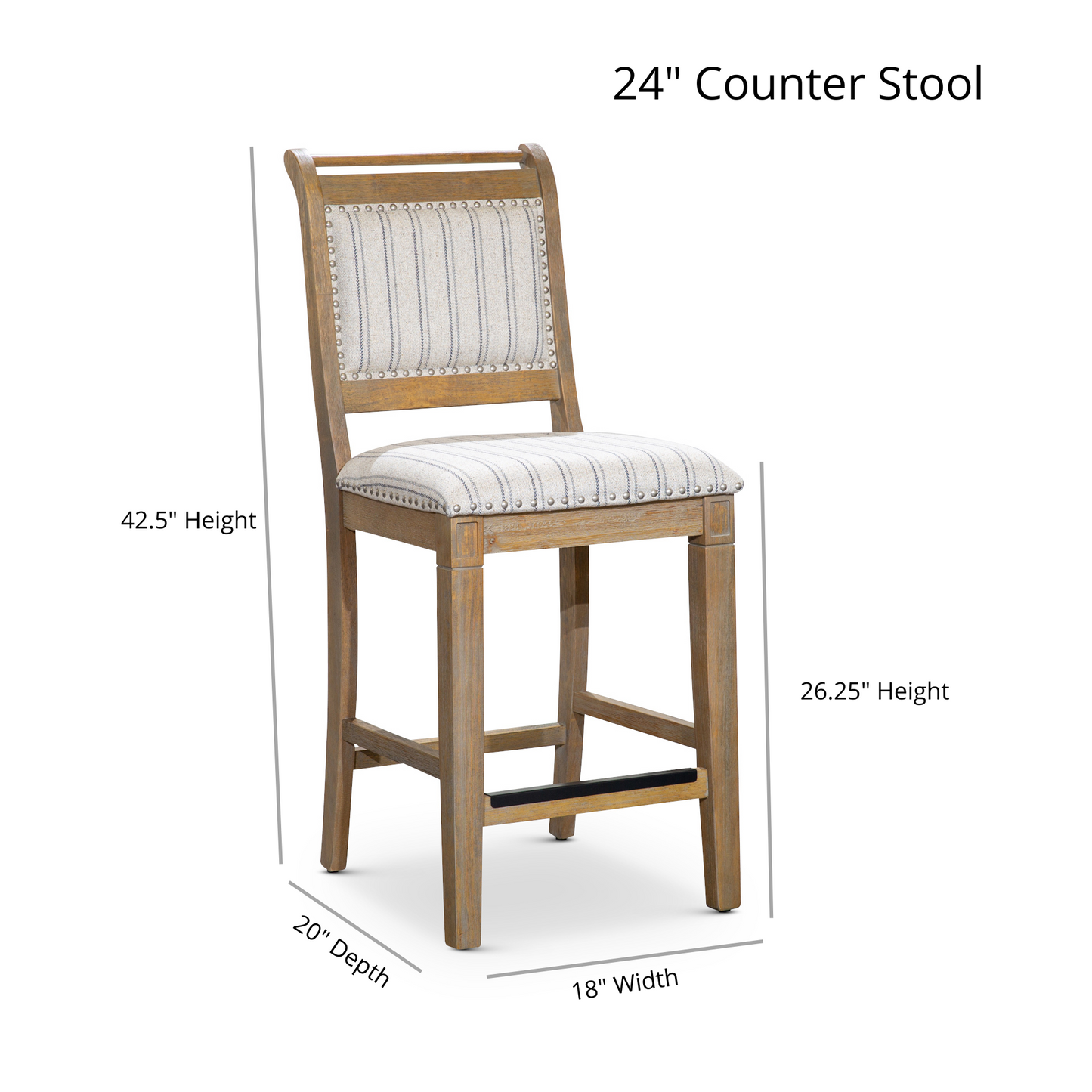 Distressed wood counter stool with striped fabric seat and back