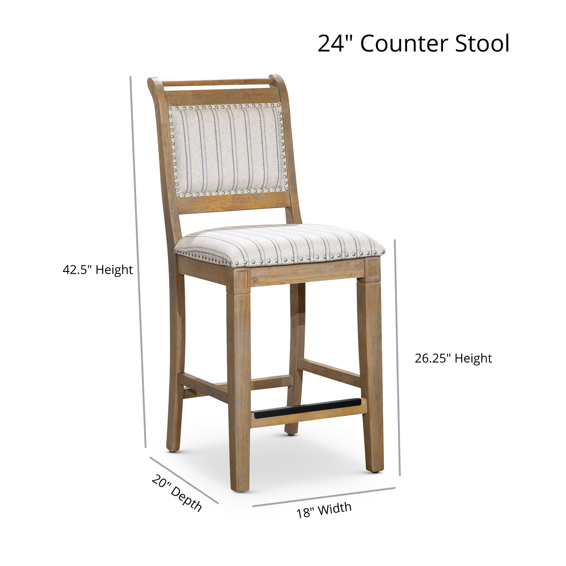 Distressed wood counter stool with striped fabric seat and back